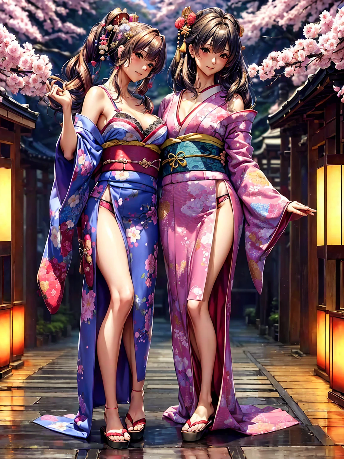 ((masterpiece, best quality)), 2 girls, black kimono, black legwear, black ribbon, black hair, cherry blossoms, day, flower, bun, headband, Japanese clothing, kimono, long hair, look at the viewer, look back, several girls, obi, outdoor, red eyes, red hair, ribbon, sandals, single hair bun, staircase, stand, statue, torii, tree, white kimono, white kimono, yellow eyes