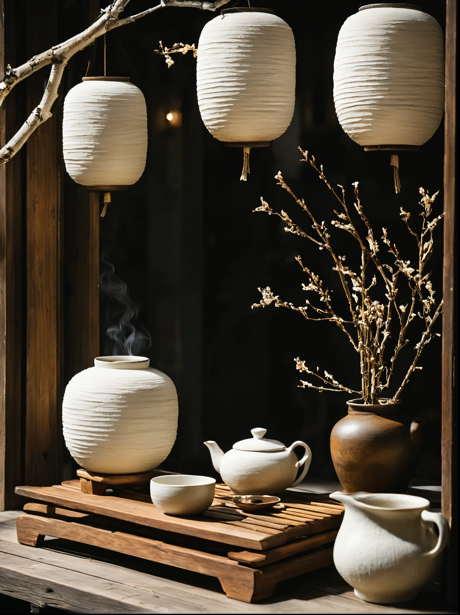 close-up of display window seen from outside, modern and elegant wabi-sabi style, impressively bright, serenidade, not too much detail or color, a personalized presentation of modern japanese zen style, the dilapidated display window seen from the outside, white textured paper lantern, zen-like dead branches in the corner, there are dead branches on the long wooden bench, tea set, tea making, japanese elegant and simple small white ceramic tea set, zen elements, elegant and high-end effect, make it look textured, simple design, hyper hd, ultra-detailed, (super quality, super meticulous, super complex, extremly intricate), soft and natural light and shadow, (burn an incense smoke), without humans, ultra-wide-angle, (detailed texture), background covered with film grain, (nighttime scene, cold light), designed small plants