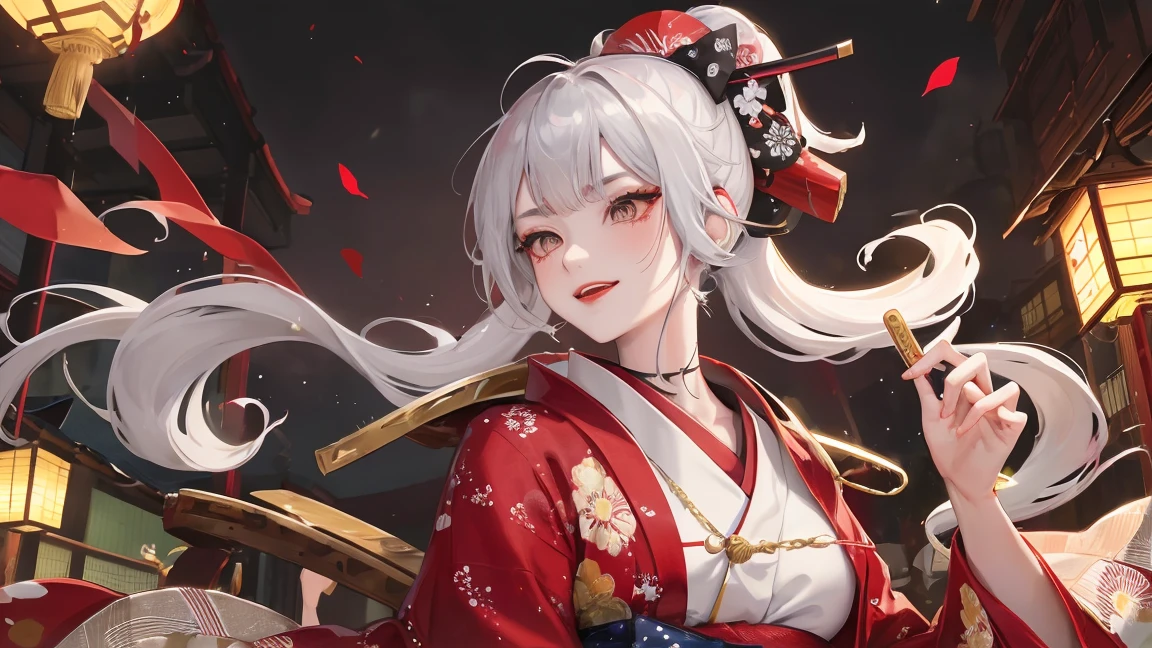 high quality,masterpiece,Samurai girl wearing a bright red polka dot kimono、A Japanese samurai-like woman with dark samurai-like skin,arm with tattoo,beautiful droopy eyes,japanese samurai,Long silver hair with hairpins,Listening to music through headphones,Grin,With a Japanese sword,Gold Necklace,Sharp eyes,Gray Hair,Red lipstick,Heavy makeup,Cherry tree,Lots of lanterns,Images for YouTube,