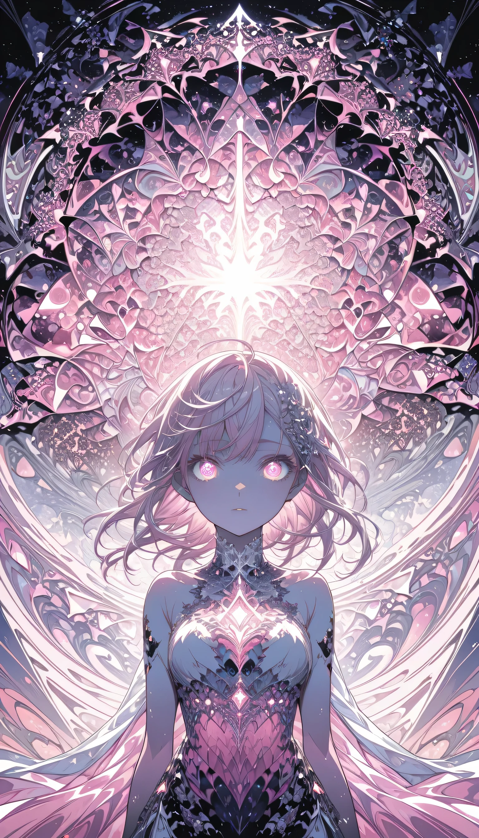 (Absurd, High resolution, Super detailed), One girl, alone, Highly detailed eyes, (Official Art, beauty and aesthetics: 1.2), (Fractal Art: 1.3), white pink color scheme, Most detailed