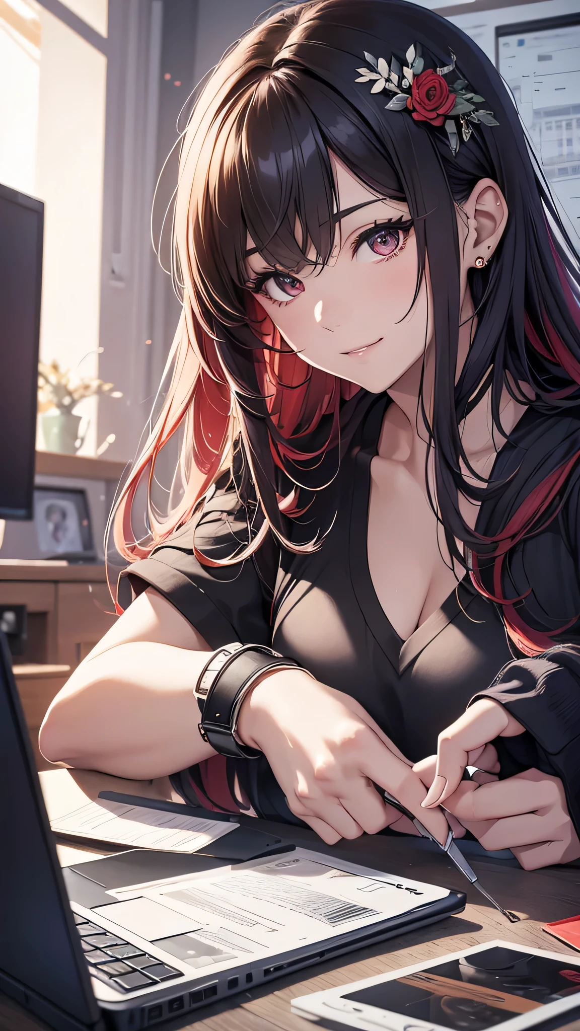 最high quality、Best image quality、masterpiece、girl((20-year-old、 By becoming、Best Bust、Medium Bust,Wide open breast tea、red glowing eyes, Black and red hair、Disheveled Hair、Long Hair、thin,The highest valley、Black open-neck short-sleeved shirt(1:2)、Open chest、White wristband、smile、Leaning forward、hair ornaments、have a laptop、Side angle、Lointail)),high quality、Beautiful art、background((White computer room、Coffee cup、line of light、Whiteboard、graffiti))、Flight、Flying debris、Written boundary depth、movie、Visual Arts、Perfect art、8K,Genuine、