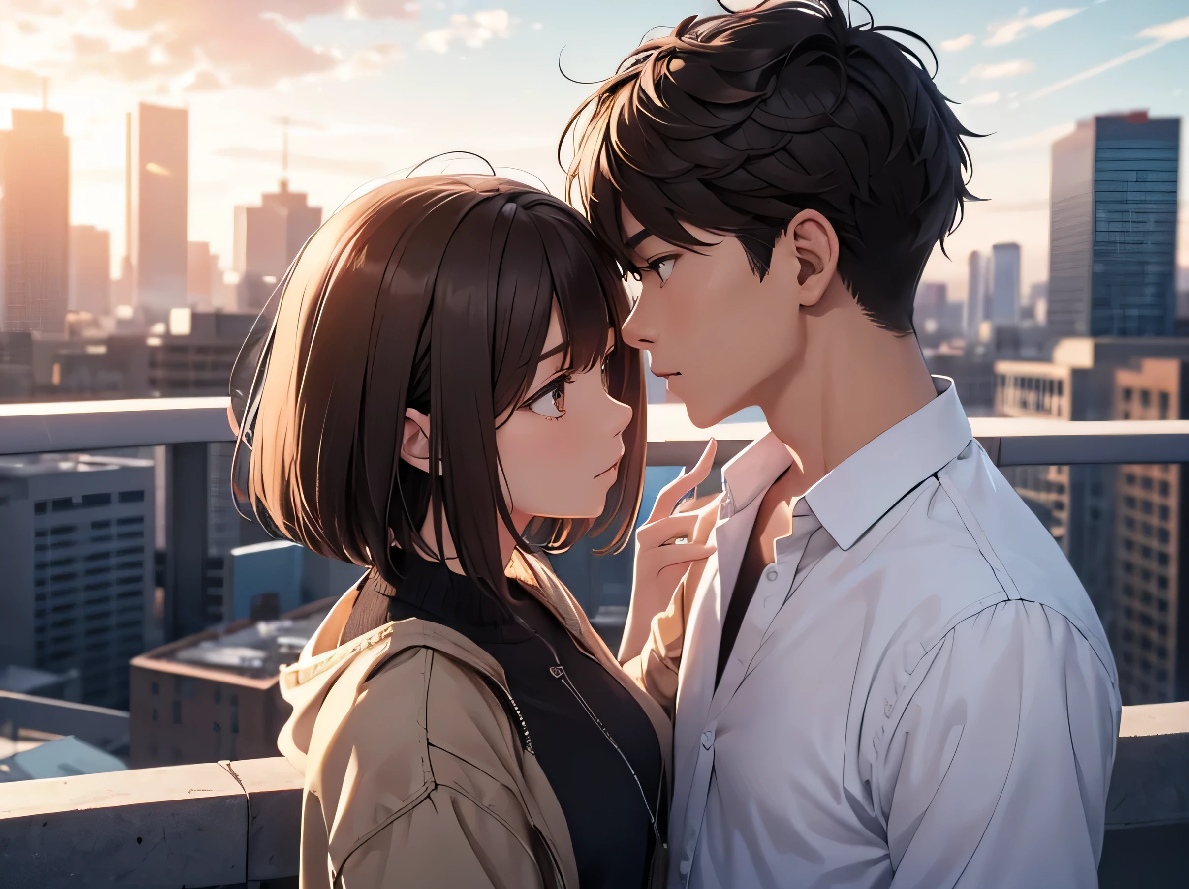 ((Couple)), ((Farewell)) ((men and women2Only people))、woman, 20-year-old,alOne, One'City、rooftop、Woman in casual clothes, brown hair,short hair, Serious face、Men in casual clothes, 男性 with black hair and brown eyes, mechanical, short hair, blurred background, Backlight,