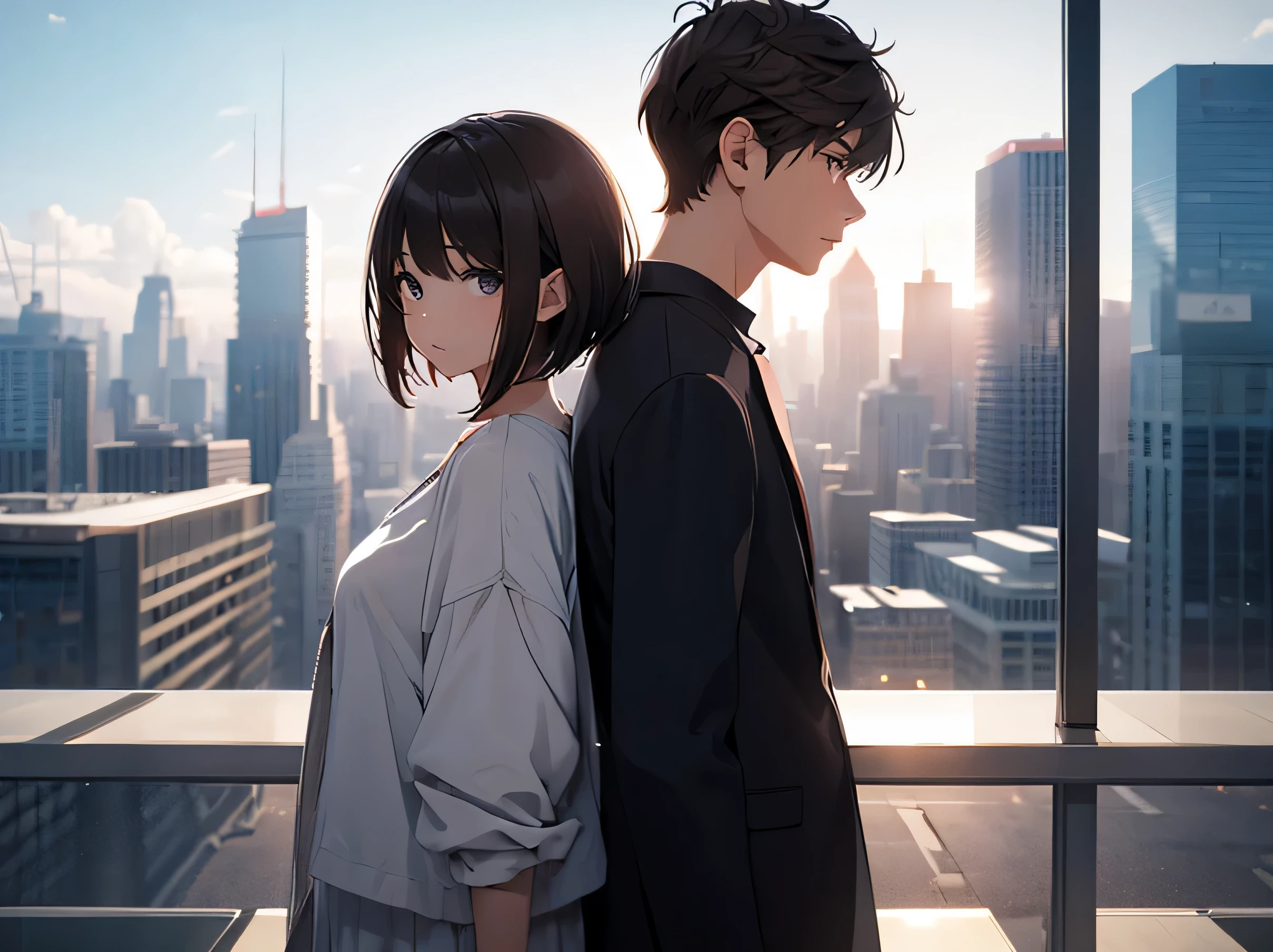 ((Couple)), ((Farewell)) ((men and women2Only people))、woman, 20-year-old,alOne, One'City、rooftop、Woman in casual clothes, brown hair,short hair, Serious face、Men in casual clothes, 男性 with black hair and brown eyes, mechanical, short hair, blurred background, Backlight,