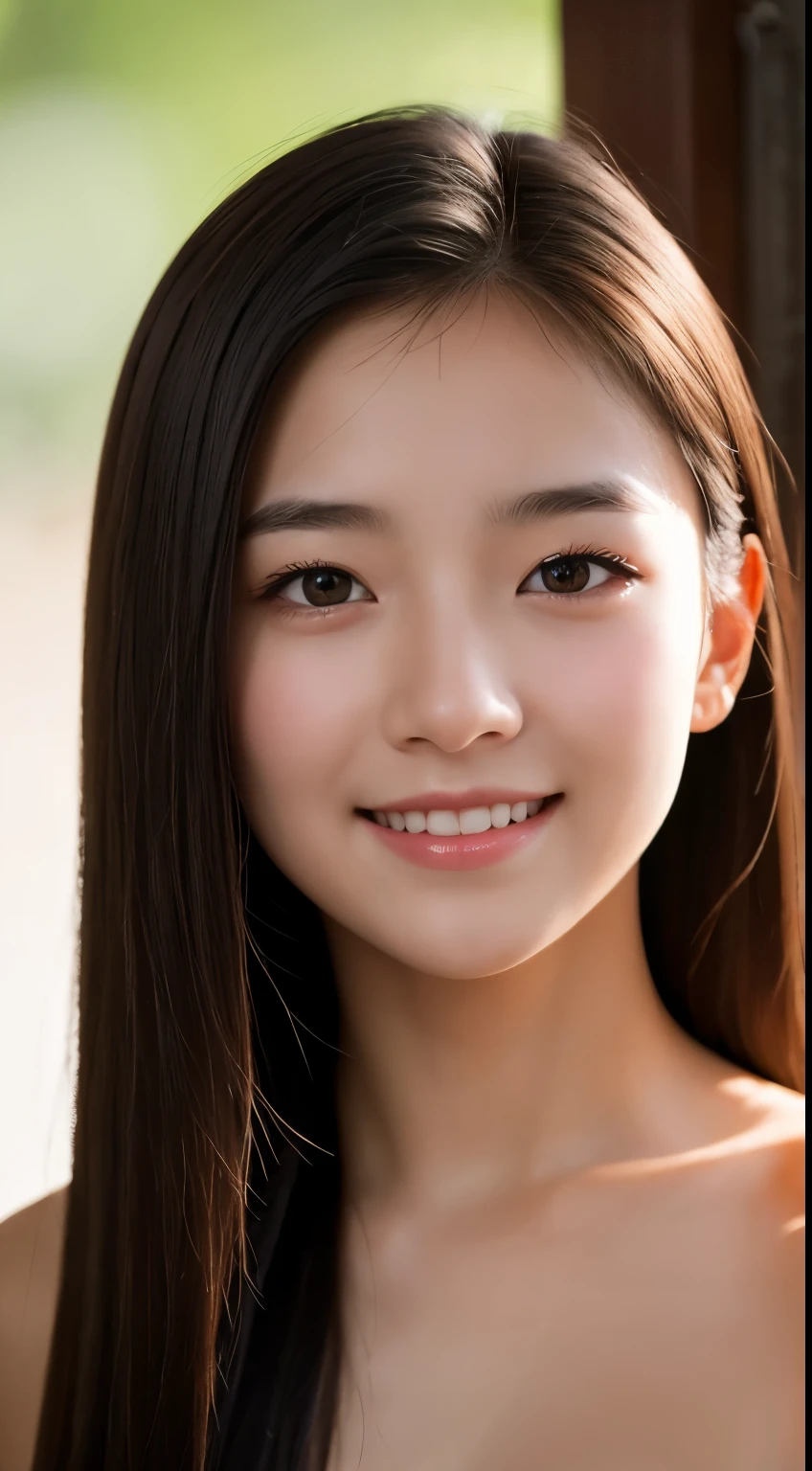 masterpiece, best quality, original photo, Reality, Smile, beautiful girl, Lovely, hair, Depth of writing boundaries, high resolution, Ultra Detailed, detail, Highly detailed eyes and faces, Charming black eyes, Realistic students, Sharp focus, Movie Lighting, Upper part of the body, face on camera, Topless Nude