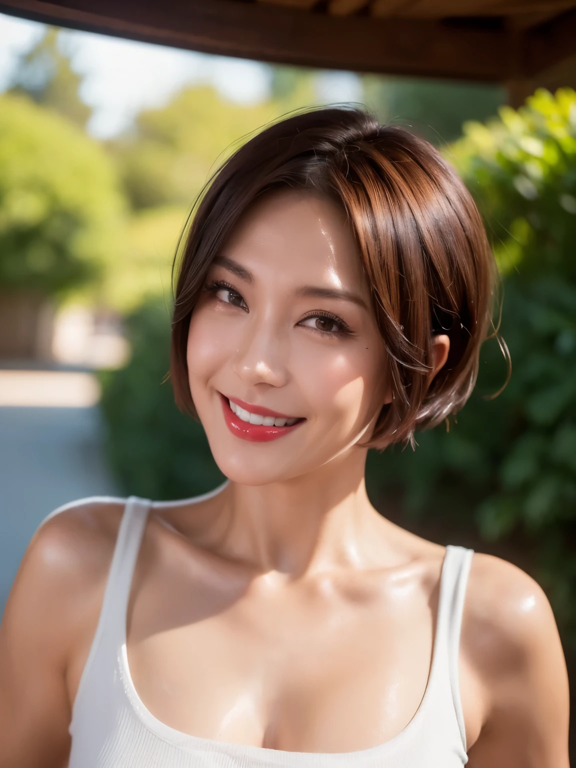 （38 years old), （Black High Neck Sleeveless Shirt:1.2）,（white wool pants）、 double eyelid, eyelash, Red Lip gloss, (smile:1), ((close your eyes:0.85)), (Looking at the audience、Are standing), (From above:0.2)、尖ったRed Mouth、(reddish brown wet shiny short hair),Red Mouth,clavicle、 (Photorealistic:1.3),(RAW Photos）,(woman standing in front of an old castle, Beautiful lawn, erupt, Bright sunlight in the city of Modena, Italy) , 8k, Very detailed, highest quality, rough skin, Anatomically correct, masterpiece , highest quality, Cinema Lighting, Use perspective throughout , Surrealism , ,(Realistic:1. 3),(RAW Photos) , Black Hair, light smile, short hair, Bobcut, Anaglyph, Stereogram, (Mature Woman:1), (38 years old), ((close:0.5)), Glare, double eyelids, Lip gloss, (smile:1), ((close your eyes:0.85)), Red Mouth, clavicle, ((Looking at the audience)), (short hair of reddish-brown color wet and shiny,), (The whole body is visible) , Slightly thick body type , With eyes wide open , Perfect round eyes , Fine texture