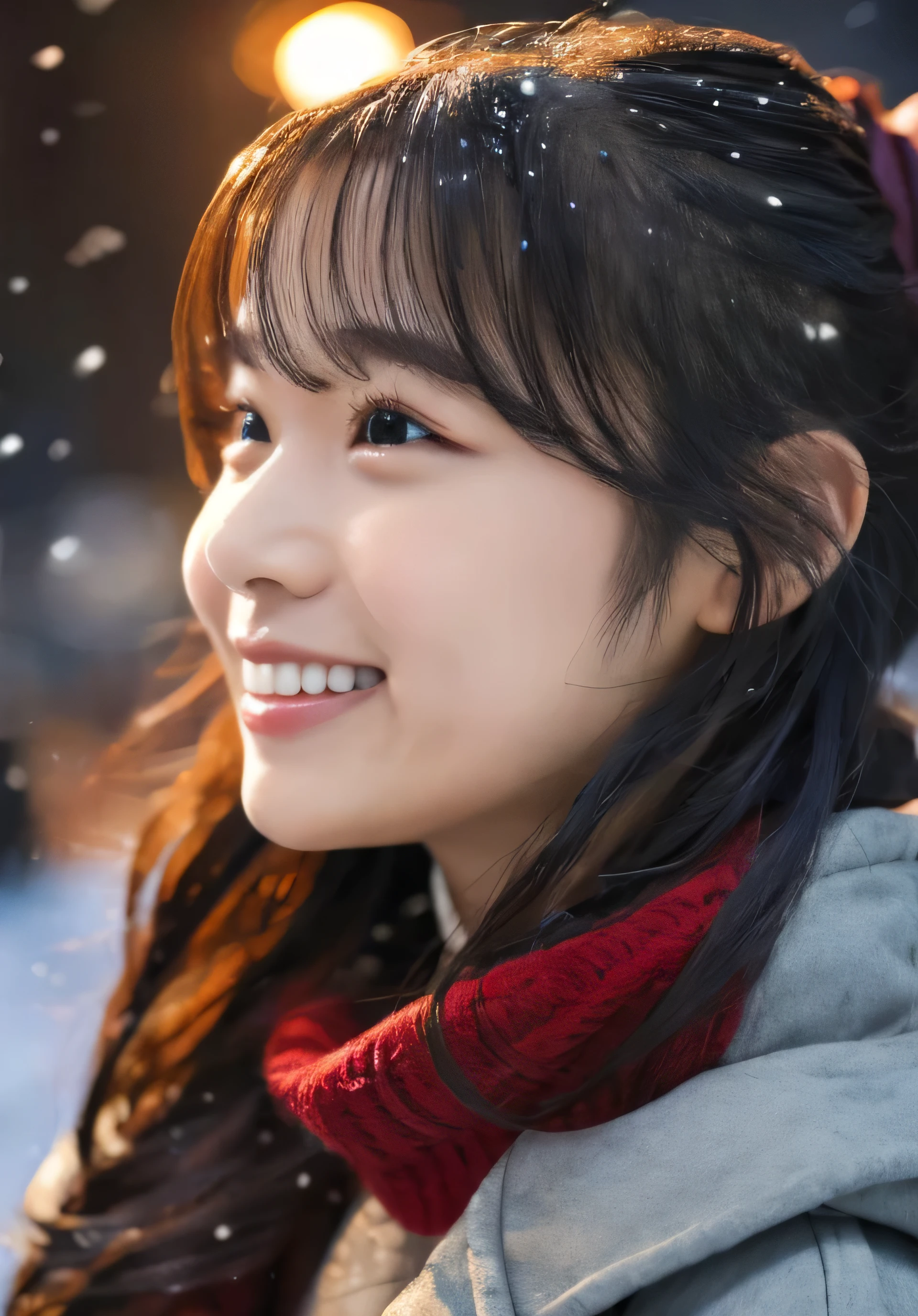 1 girl, (put on a coat:1.2), (RAW Photos, highest quality), (Realistic, Photorealistic:1.4), Tabletop, Very delicate and beautiful, Very detailed, 2k wallpaper, wonderful, finely, very detailed CG Unity 8k wallpaper, Very detailed, High resolution, Soft Light, Beautiful detailed girl, Very detailed目と顔, Beautiful and detailed nose, finely beautiful eyes, Cinema Lighting, Illuminations that light up the city on a snowy night, Snow Scene, that'it's snowing, Perfect Anatomy, tense air, Straight Long Hair, Looking at the audience, smile, Hokkaido serial murders, Disappearing into the Sea of Okhotsk, Tracking、Fluffy scarf、