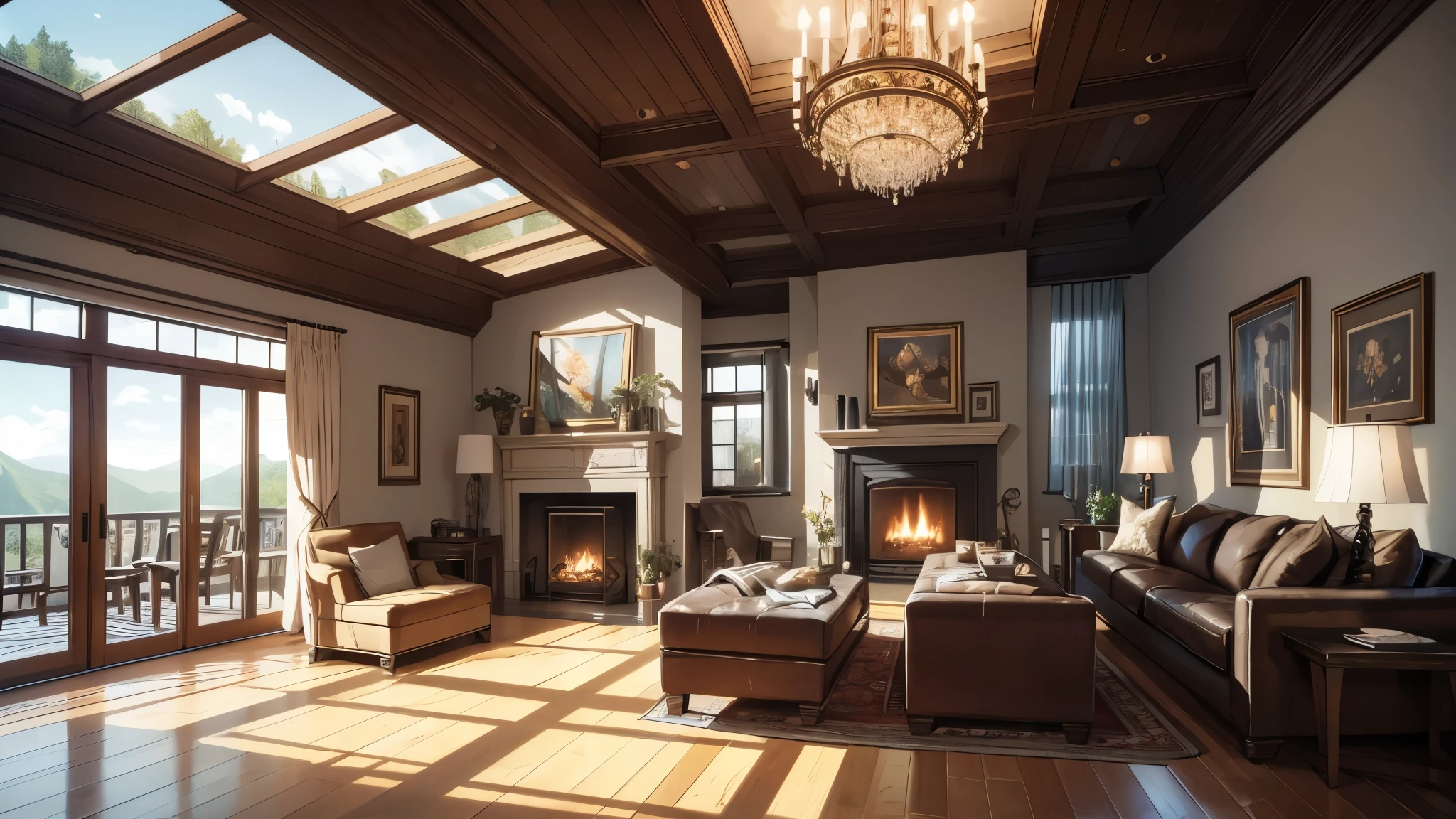 arafed living room with a couch and a fireplace in front of a window, a portrait by Echo Chernik, cg society contest winner, conceptual art, ceiling to floor windows, large glass ceilings, glass ceilings, skylight open ceiling, beautiful natural light, skylights, natural window lighting, natural lighting, dramatic rendering, detailed natural lighting, natural light in room
