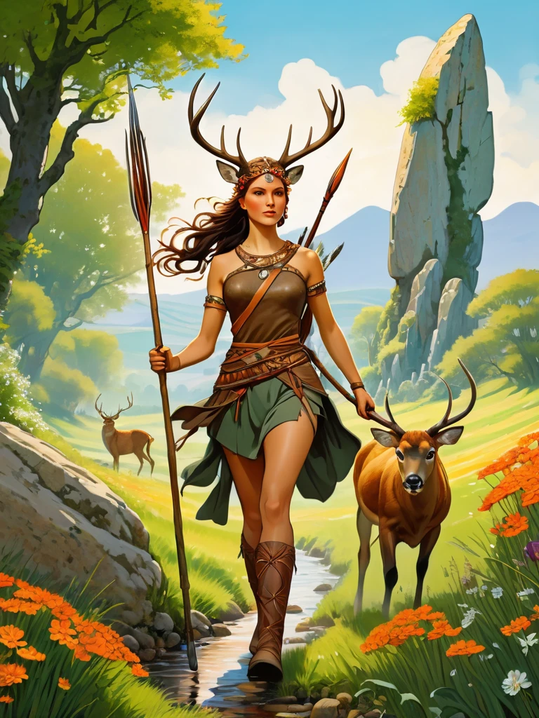 Create a picture of A beautiful fit and athletic Neolithic European Female Hunter in a Neolithic Flowery Woods during Neolithic Spring, detailed beautiful face, carrying her new big and long spears with strong sharp copper tip, wearing hunter leather protection clothing made from natural materials like leather shoes, leaves and bark, running so fast carrying the big and long spears with sharp copper tip chasing the [big alpha male deer in front of her], with a small Neolithic village and ancient standing stones in the background, photorealistic digital painting, vibrant colors, insanely detailed and intricate scene, with wildlife, featuring a meandering river or stream, with more flowers and plants in the foreground, art by Alphonse Mucha, Greg Rutkowski and Studio Ghibli Aesthetic