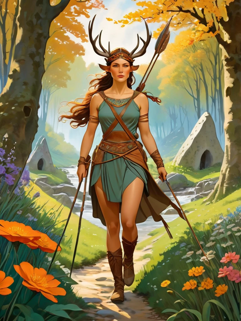 Create a picture of A beautiful fit and athletic Neolithic European Female Hunter in a Neolithic Flowery Woods during Neolithic Spring, detailed beautiful face, carrying her new big and long spears with strong sharp copper tip, wearing hunter leather protection clothing made from natural materials like leather shoes, leaves and bark, running so fast carrying the big and long spears with sharp copper tip chasing the [big alpha male deer in front of her], with a small Neolithic village and ancient standing stones in the background, photorealistic digital painting, vibrant colors, insanely detailed and intricate scene, with wildlife, featuring a meandering river or stream, with more flowers and plants in the foreground, art by Alphonse Mucha, Greg Rutkowski and Studio Ghibli Aesthetic