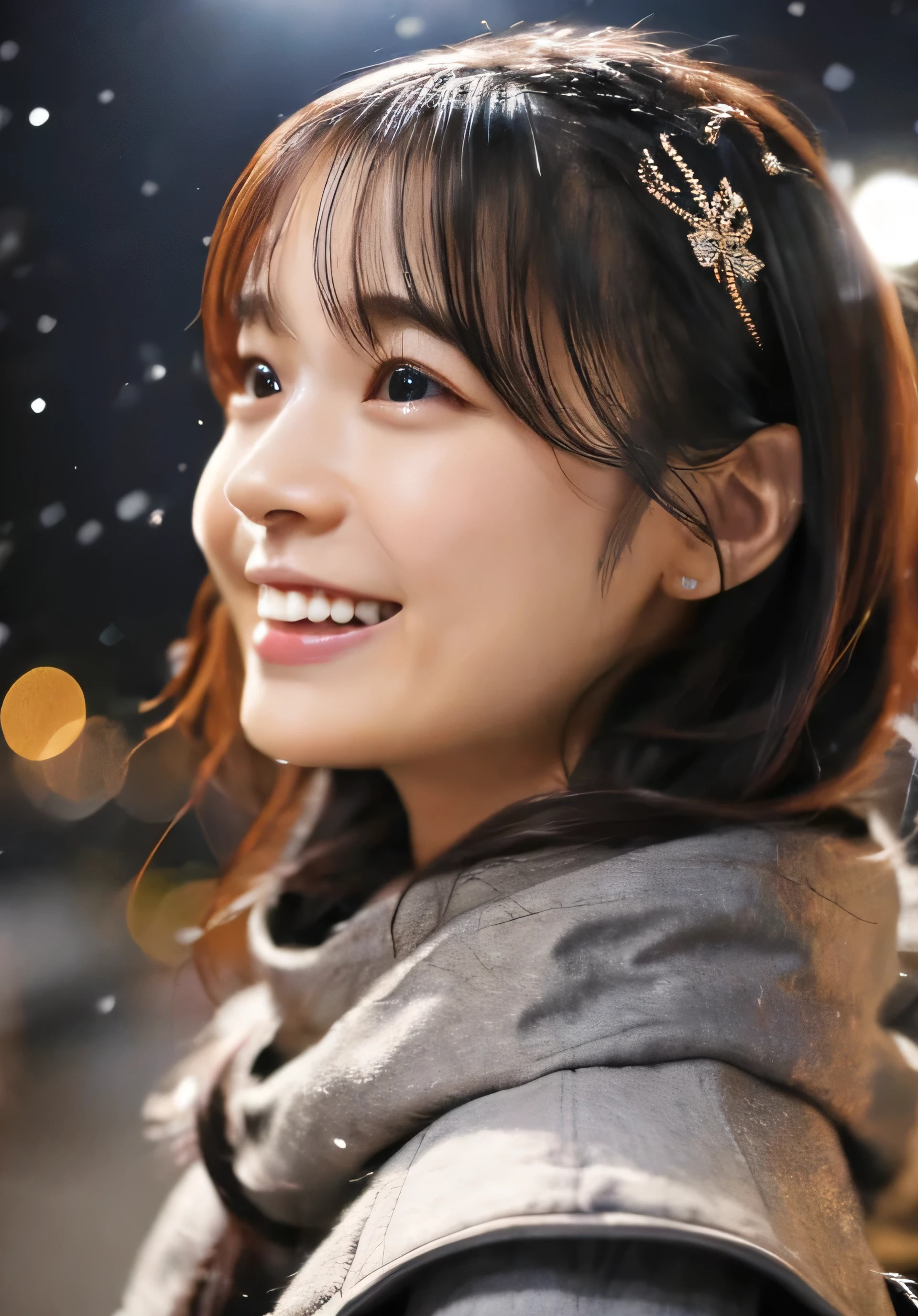 1 girl, (put on a coat:1.2), (RAW Photos, highest quality), (Realistic, Photorealistic:1.4), Tabletop, Very delicate and beautiful, Very detailed, 2k wallpaper, wonderful, finely, very detailed CG Unity 8k wallpaper, Very detailed, High resolution, Soft Light, Beautiful detailed girl, Very detailed目と顔, Beautiful and detailed nose, finely beautiful eyes, Cinema Lighting, Illuminations that light up the city on a snowy night, Snow Scene, that&#39;it&#39;s snowing, Perfect Anatomy, tense air, Straight Long Hair, Looking at the audience, smile, Portopia Serial Murders, Disappearing into the Sea of Okhotsk, Tracking、Fluffy scarf、