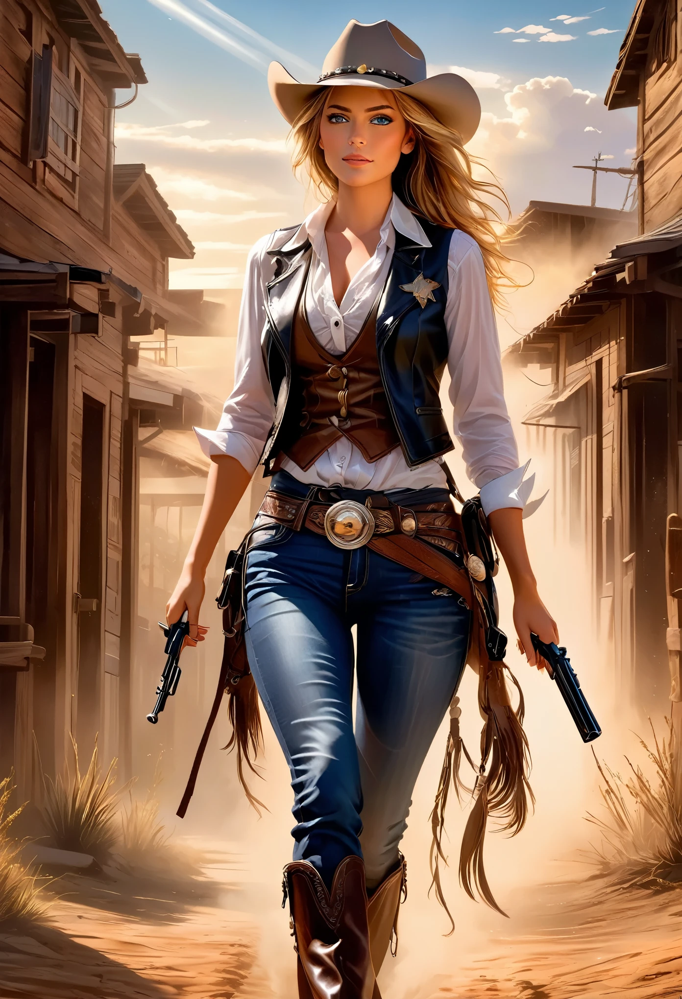 (high quality, high resolution, 8k), detailed oil painting, (1 woman, cowgirl, gunslinger, beautiful brunette with blue eyes, seductive, perfect anatomy, full body, flowing blonde hair, looking at the viewer, wide and seductive smile , with leather vest, white shirt with large neckline, shirt tied at the waist with a knot, low-cut shirt, cowboy belt with silver buckle, jeans, cowboy boots with shiny spurs, 2 revolvers on the waist, holding a Winchester 44 shotgun, star sheriff on his chest, scarf wrapped around his neck), (a black horse, thoroughbred horse, indomitable stallion rearing on two legs, skittish horse, noose tied to the saddle), (old west setting, golden hour, sun rays , beautiful landscape of the old west, leaving a large trail of dust)