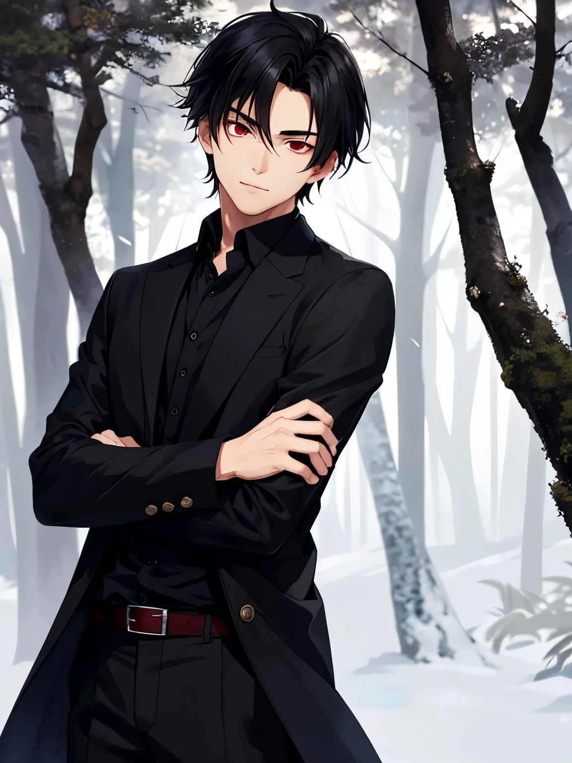 1boy,cool,Stand with your arms crossed,slight smile,side parted hairstyle,in the forest,close up,handsome,medium hair,black hair,black shirt, black trousers, black robe, red eyes, vampire