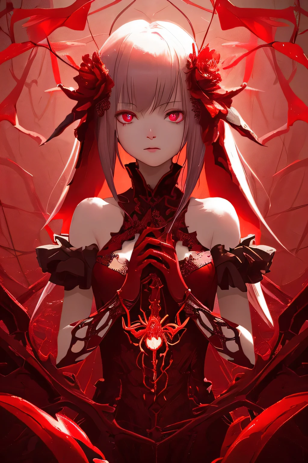 red and black clothing, white hair, long hair, hood, demon horns, pointy ears, skull on shoulder, red eyes, bangs, hair between eyes, red particles, multicolored hair, 
masterpiece, best quality, upper body, portrait,