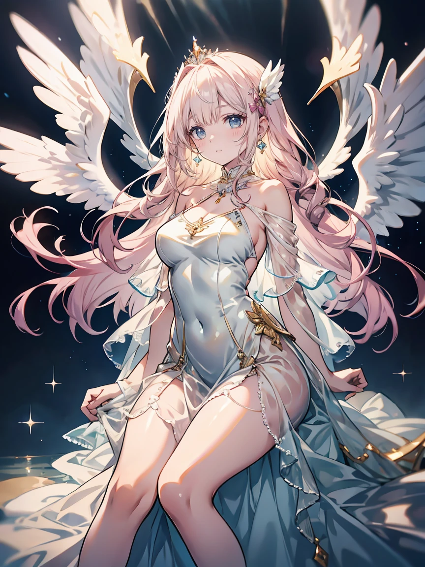 (highest quality, masterpiece, Very detailed, Very detailed, Exquisite, 16k,Full HD),Pull,Golden Ratio,Dramatic lighting,pastel colour,Floating in the air,Soft lighting, ((alone:1.5)),Seaside,moonの光,Starry Sky,meteor,moon,((whole body)),(Angel Princess, Blue eyes, Long eyelashes,White skin,slim,pale pink plump lips,Pale pink cheeks, The wind is blowing,White fluffy hair,thin and long,(See-through),(Huge angel wings growing from just above her waist),(pearl tiara,Pearl Earrings,Pearl Earrings,pearl choker),(Wearing only a white:1.1), pure white lace and frills,(blush：1.2), (Fantasy, Romantic atmosphere), Expose