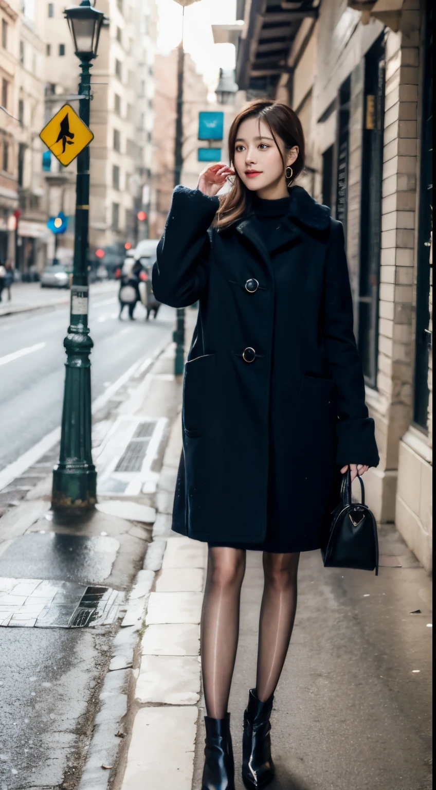 (original photo:1.2), (Reality:1.4),Beautiful and delicate woman,Very detailed eyes and face, Delicate eyes, Ultra Detailed,high resolution, Very detailed,Best quality,Implications,Unite,8k wallpaper,masterpiece,Best quality,1 girl,Solitary,Fall and winter clothes,Boots,White hair,Brown hair,appearance,Background Vague,Vague,Full body love,Winters,falling snow,snowflake,Street Lights,High heel,Black pantyhose,Beautiful facial features,Photorealism, real, Detailed depiction,pretty,high quality,exquisite,colorful,Crystal clear,Super refined,Exquisite makeup,panoramic,Gentle,bright,Lively,