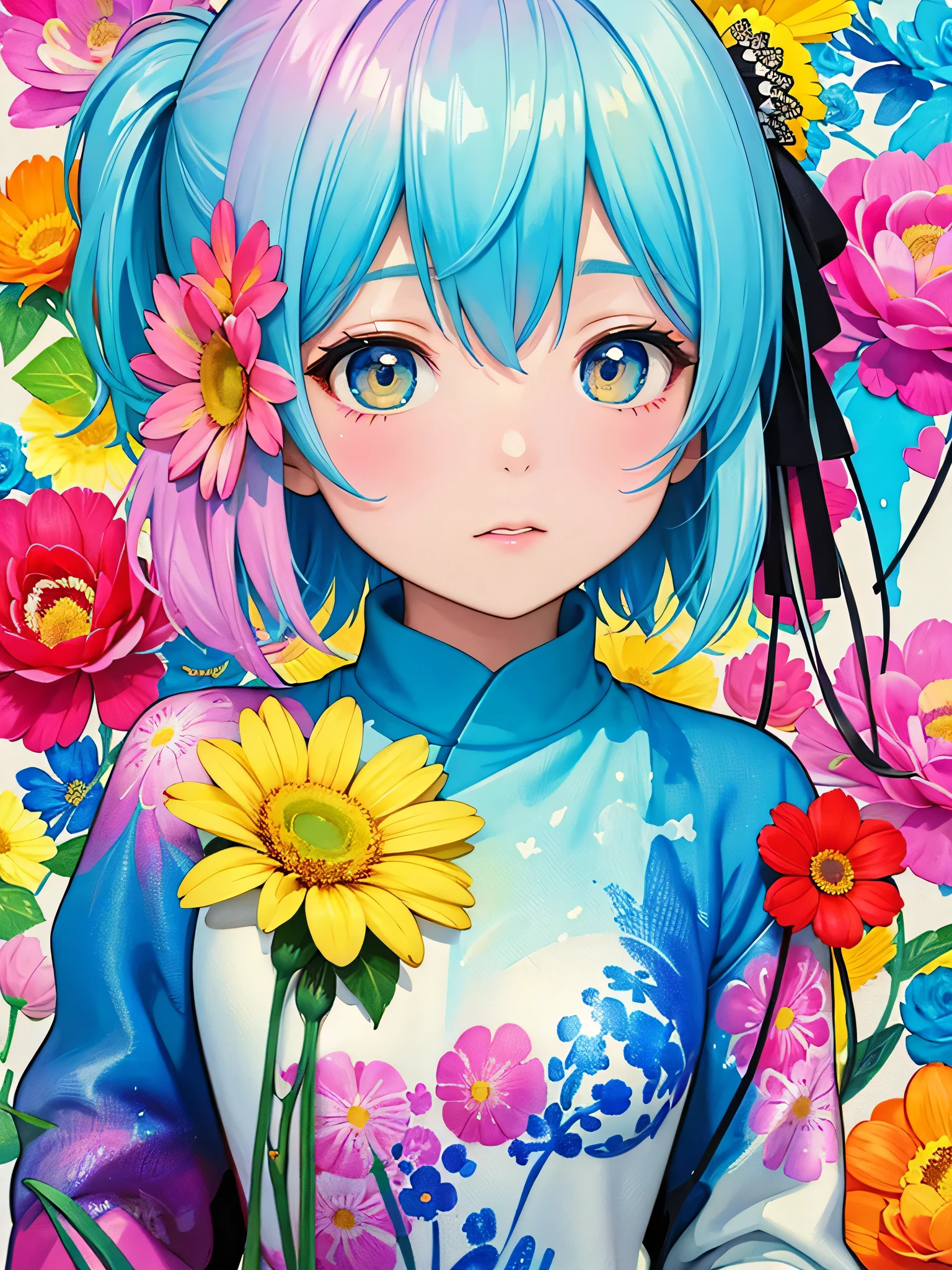 8K quality, Murakami Takashi、Intense watercolor, Detailed watercolor art, Watercolor splash, Surreal and avant-garde pop art, Beautiful and expressive paintings, Beautiful artwork illustration, Very colorful tones, wonderful, Cool beauty、highest quality,Official Art,Vector art,stylish design, (((The most beautiful girl of all time))), (((Beauty of the Heart)))、(((highest quality))), HDR, (((detailed)), (((Graffiti art))), (((masterpiece)), (((super detailed))), (((Colorful flowers))),