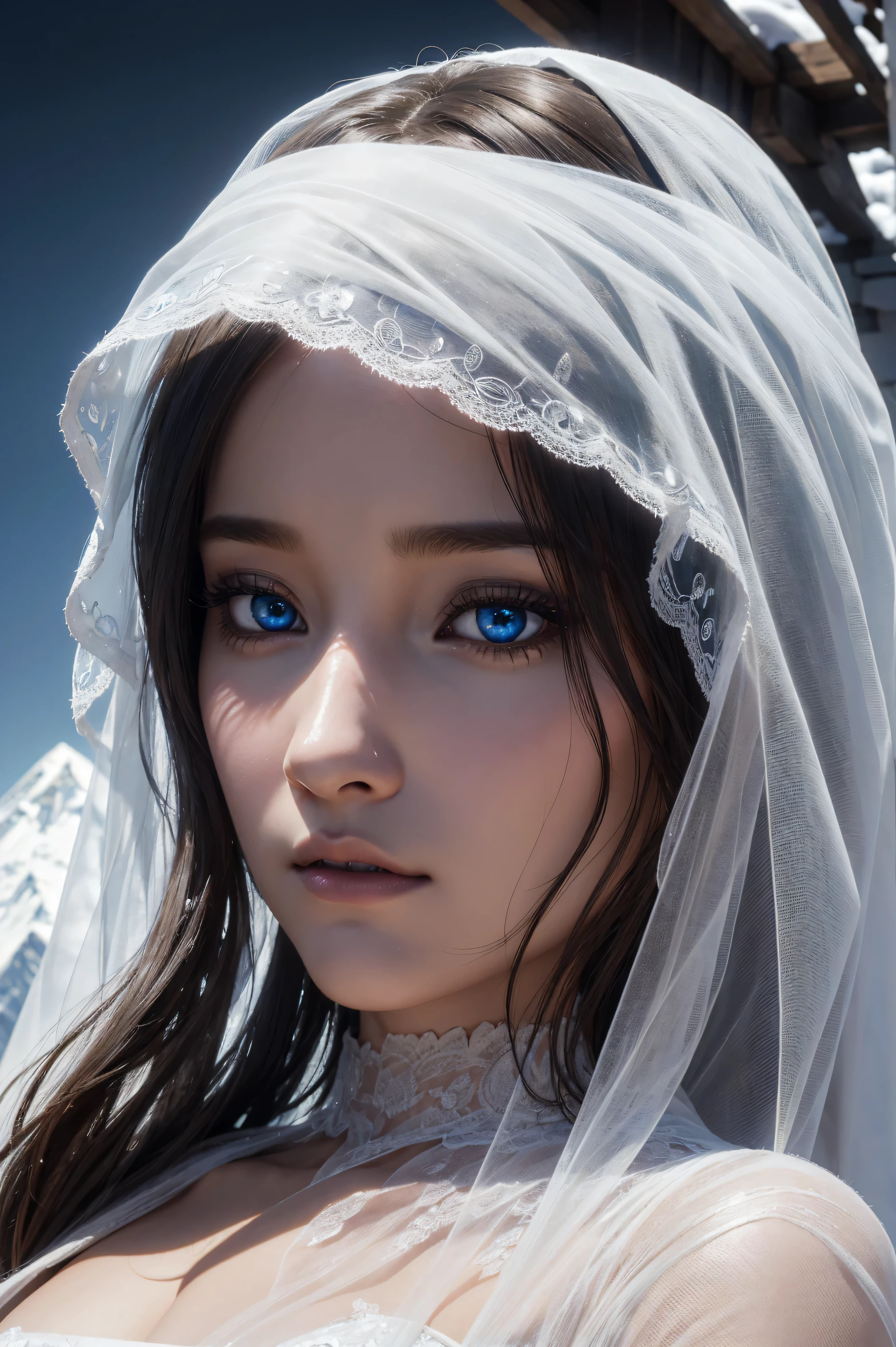 Ashley Johnson, wearing veil bride costume transparent. professionally retouched, soft lighting, realistic, smooth face, perfect eyes, sharp focus on eyes, 8 k, high definition, insanely detailed, intricate, elegant. against the background of Mount Everest.