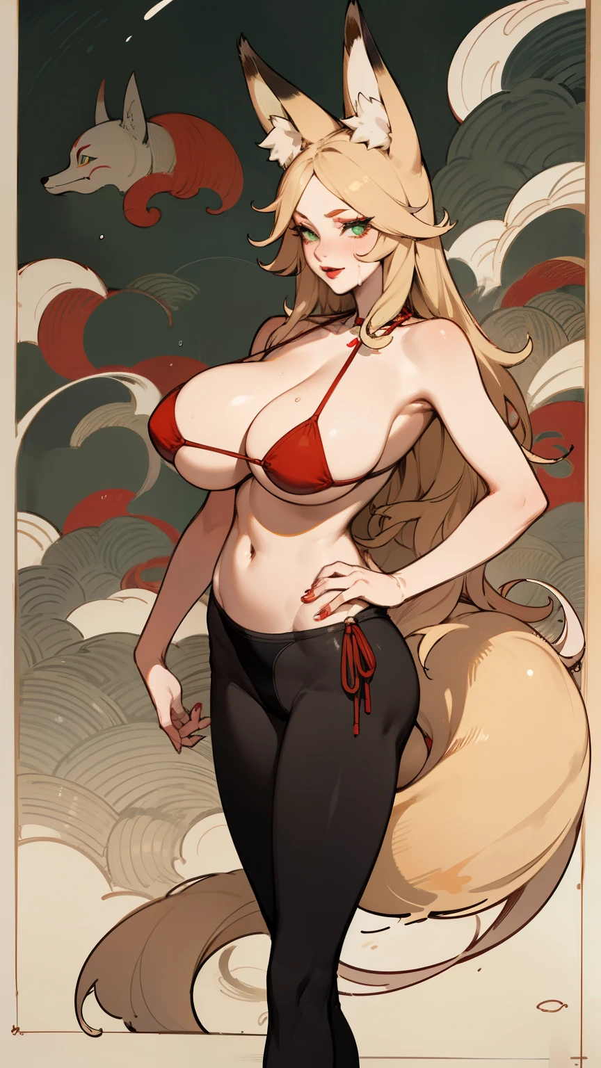 Upper body standing painting, Vision, panoramic, Honey, Solitary, Fair skin, (Fox ears), Exquisite eyes, Facial details, Green Eyes, Red Eyeshadow, lips are red,bikini, Fake laugh, Ukiyo-e, masterpiece, high quality,White boots,Huge breasts,Leaking out of the shoulder,leaking breasts,Black tights