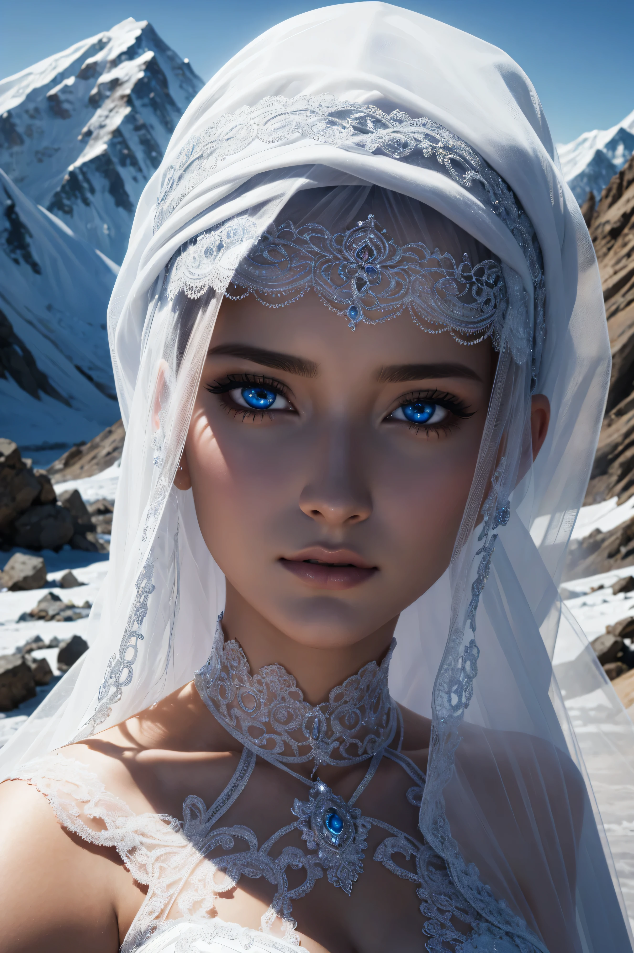 Ashley Johnson, wearing veil bride costume transparent. professionally retouched, soft lighting, realistic, smooth face, perfect eyes, sharp focus on eyes, 8 k, high definition, insanely detailed, intricate, elegant. against the background of Mount Everest.