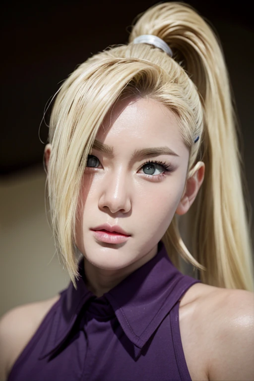 Real life adaption of this character,Asian teen beauty , realistic same hair, realistic outfit, realistic light, realistic shadow, hyper realistic, realism, realistic background,(photorealistic:1.2). Ino / Ino Yamanaka (Ino Yamanaka) / [Boruto: Naruto Next Generation, 1girl,skirt, blonde hair, hair ornament, bare shoulders, closed mouth, green eyes, ponytail, hairclip, hair over one eye, best quality ,ultra Higd ,detail realistic ,sceneHDR pro