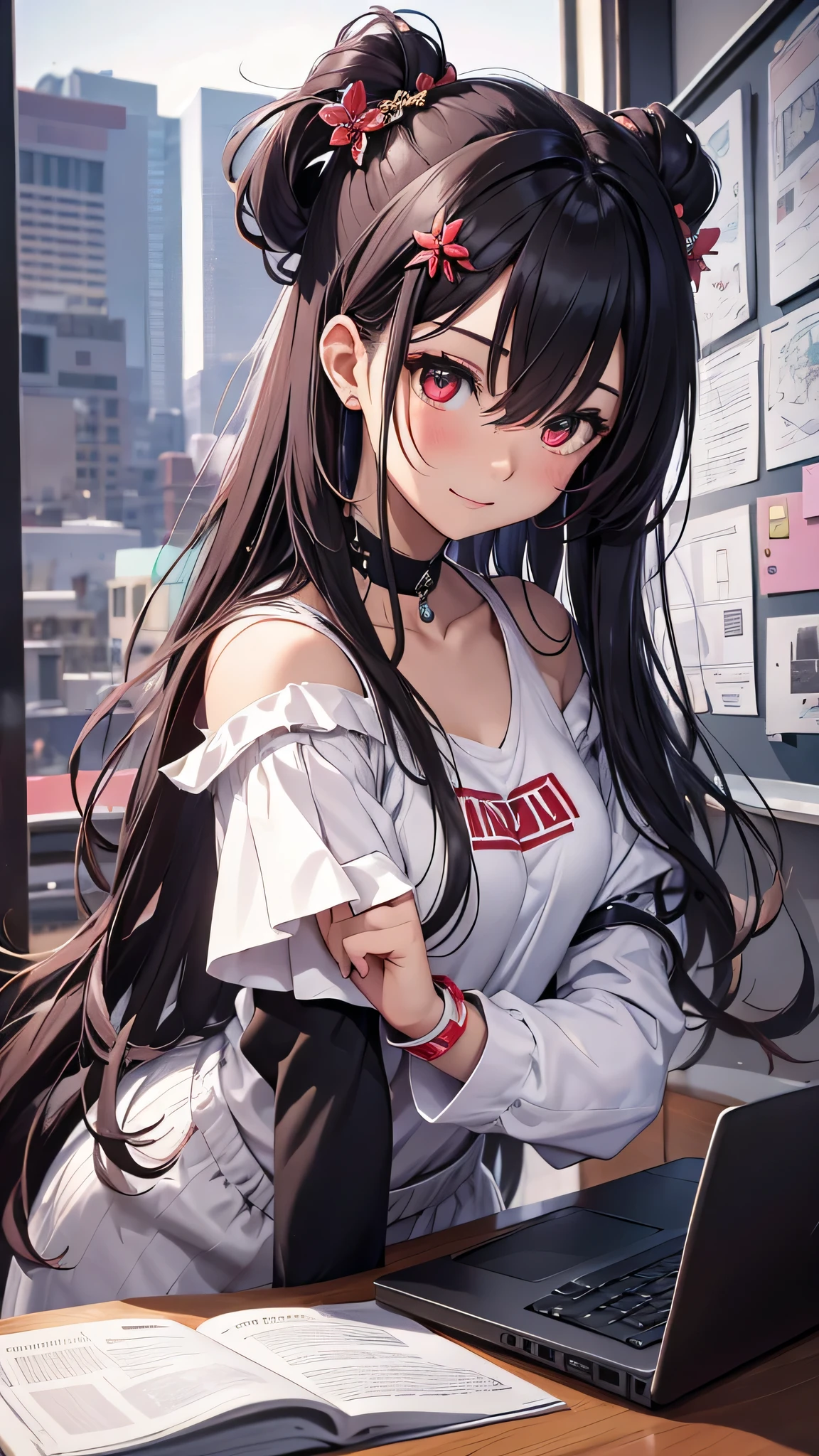 最high quality、Best image quality、masterpiece、girl((20-year-old、 By becoming、Best Bust、Medium Bust,Wide open breast tea、red glowing eyes, Black and red hair、Disheveled Hair、Long Hair、thin,The highest valley、Black open-neck short-sleeved shirt(1:2)、Open chest、White wristband、smile、Leaning forward、hair ornaments、have a laptop、Side angle、Lointail、Bubble gum)),high quality、Beautiful art、background((White computer room、Coffee cup、line of light、Whiteboard、graffiti))、Flight、Flying debris、Written boundary depth、movie、Visual Arts、Perfect art、8K,Genuine、