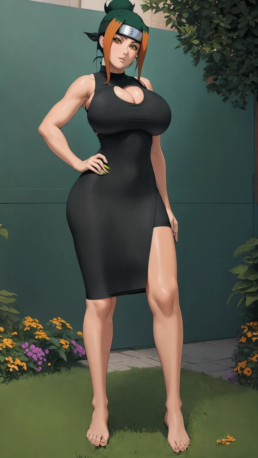 masterpiece, best quality, extremely detail 8k cg, high resolution, 1girl, pakura, green hair, orange eyes, slim body, huge breasts, bursting breasts, black tee shirt dress, sleeveless, cleavage, forhead protector, outdoors, garden, beautiful face, full shot photo, full body