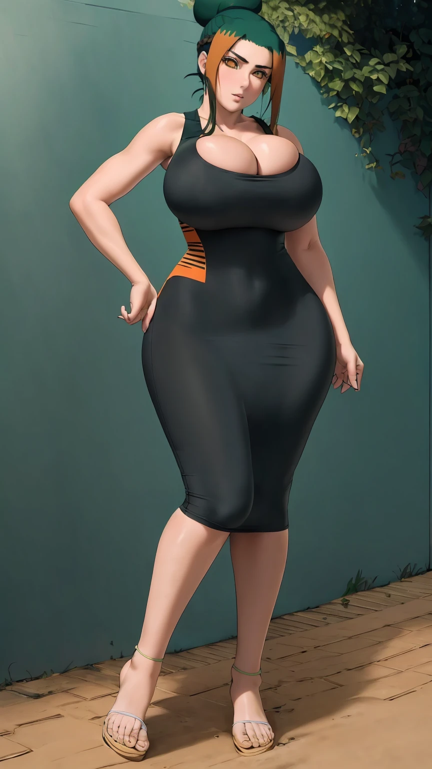 masterpiece, best quality, extremely detail 8k cg, high resolution, 1girl, pakura, green hair, orange eyes, slim body, huge breasts, bursting breasts, black tee shirt dress, sleeveless, cleavage, forhead protector, outdoors, garden, beautiful face, full shot photo, full body