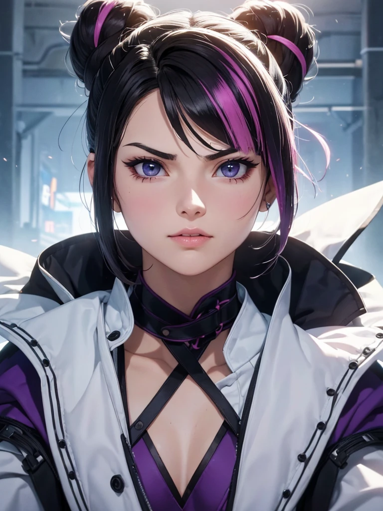 brava,irritada,Juri Han, street fighter(master part, best quality, ultra-detalhado, Melhor sombra), (Antecedentes detalhados, Olhando para o Viewer, irritado), Rosto detalhado, (best ilumination), ((Cinematic light)), colorido, hiper detalhe, dramatic light, detalhes intrincados