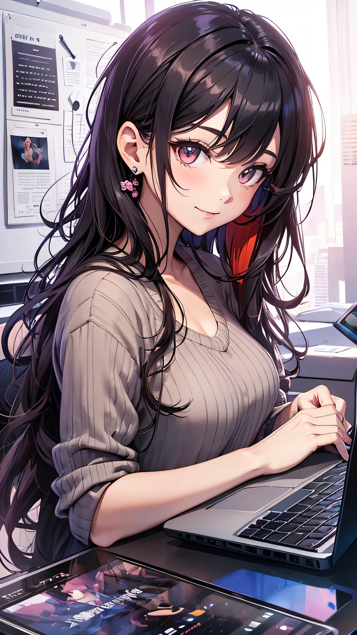 最high quality、Best image quality、masterpiece、girl((18-year-old、 By becoming、Best Bust、Medium Bust,Wide open breast tea、red glowing eyes, Black and red hair、Disheveled Hair、Long Hair、thin,The highest valley、Black open-neck short-sleeved shirt(1:2)、Open chest、White wristband、smile、Leaning forward、hair ornaments、have a laptop、Side angle、Lointail)),high quality、Beautiful art、background((White computer room、Coffee cup、line of light))、Flight、Flying debris、Written boundary depth、movie、Visual Arts、Perfect art、8K,Genuine、