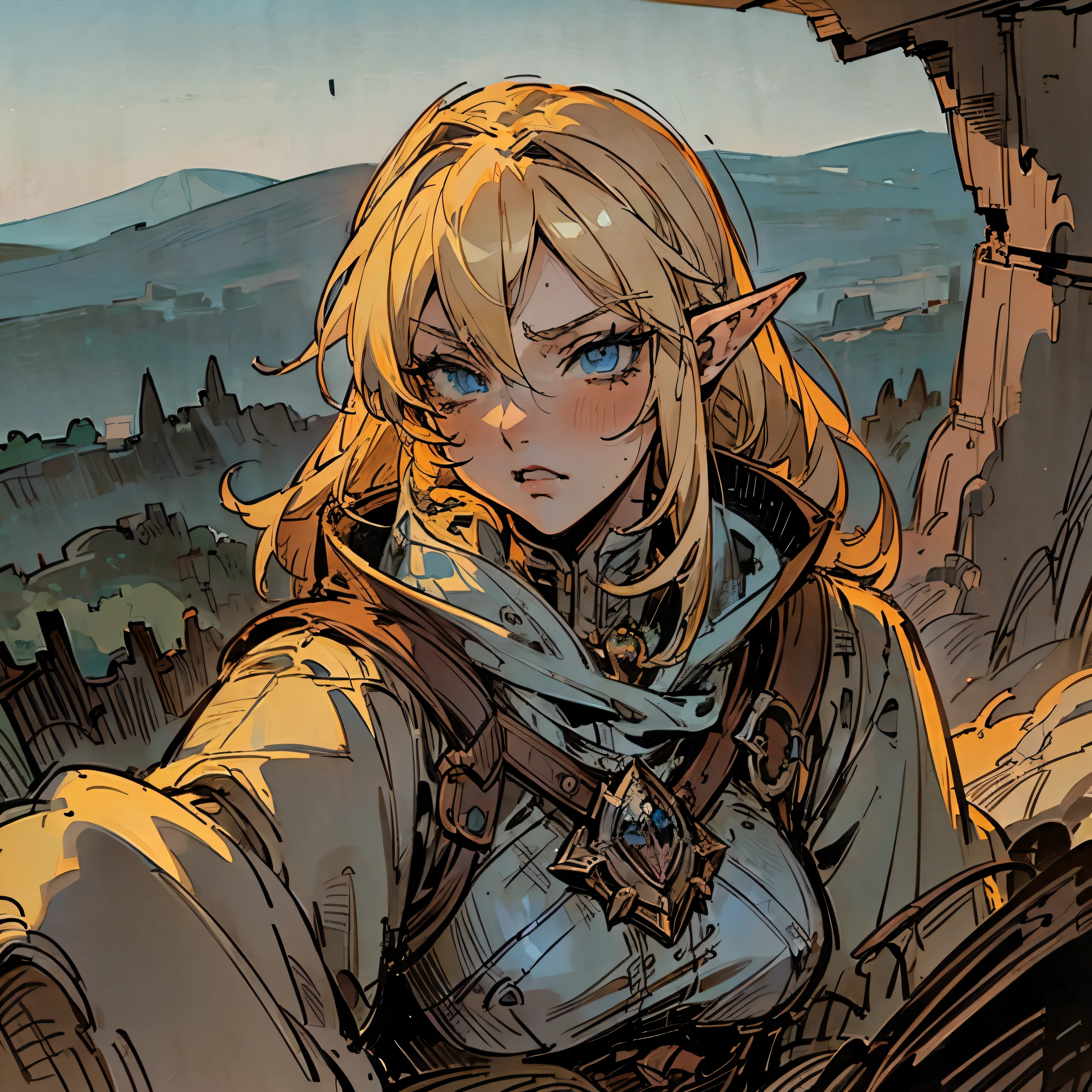 (POV: travelling together) , Blond haired tsundere elf, blue eyes, Hunter, confident, softened look, assertive, genre: dark fantasy, adventurer, [Close up, detailed, detailed face, detailed body] (Background: on top of a mountain, barren wasteland)