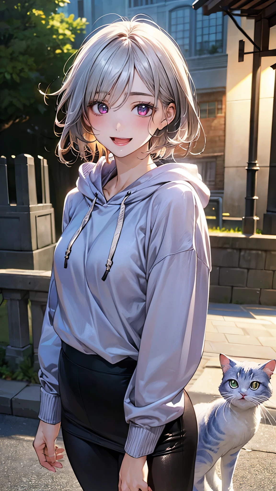 (masterpiece:1.2, top-quality), (realistic, photorealistic:1.4), beautiful illustration, (natural side lighting, movie lighting), nsfw,
looking at viewer, face focus, upper body, 1 girl, japanese, high school girl, perfect face, cute and symmetrical face, shiny skin,
(short hair:1.2, messy hair:1.2, silver hair), hair between eyes, dark red eyes, slant eyes, long eye lasher, (medium breasts), slender,
beautiful hair, beautiful face, beautiful detailed eyes, beautiful clavicle, beautiful body, beautiful chest, beautiful thigh, beautiful legs, beautiful fingers,
((detailed cloth texture, long sleeves white hoodie, open hoodie, purple cat pettern long length shirts, black leggings)),
(beautiful scenery), summer, evening, (outdoors), walking, (lovely smile, open mouth),