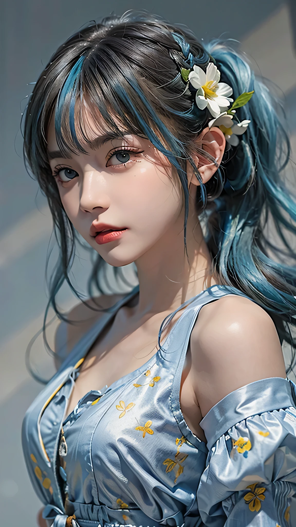 (masterpiece), (highest quality), (Super detailed),(Disheveled Hair),(figure), (One girl), (Fashionable clothes), Are standing, Fashion Model, View your viewers, (interview), (Simple Background),Beautiful fine details, Delicate and beautiful face, floating,(High saturation),(Colorful splashes),Colorful bubbles,(The Shining), Focus on the face,  ponytail, kamisato ayaka, Light blue hair, bangs, Hair Ring, Floating Flowers, floating hair, (The Shining), Best lighting, Best Shadow,