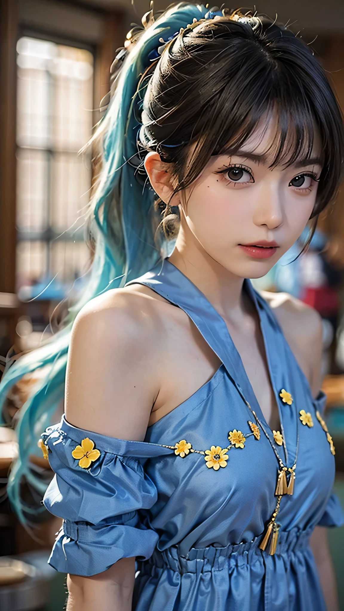 (masterpiece), (highest quality), (Super detailed),(Disheveled Hair),(figure), (One girl), (Fashionable clothes), Are standing, Fashion Model, View your viewers, (interview), (Simple Background),Beautiful fine details, Delicate and beautiful face, floating,(High saturation),(Colorful splashes),Colorful bubbles,(The Shining), Focus on the face, ponytail, kamisato ayaka, Light blue hair, bangs, Hair Ring, Floating Flowers, floating hair, (The Shining), Best lighting, Best Shadow,