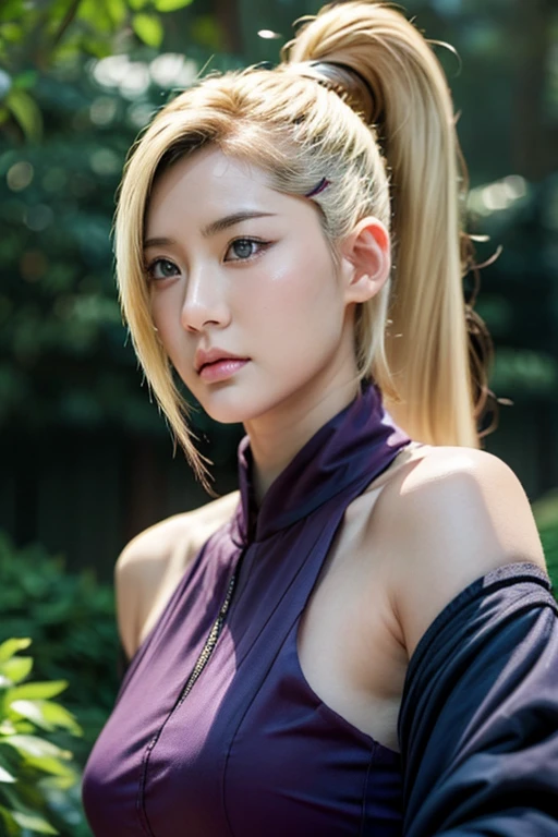 Real life adaption of this character,Asian teen beauty , realistic same hair, realistic outfit, realistic light, realistic shadow, hyper realistic, realism, realistic background,(photorealistic:1.2). Ino / Ino Yamanaka (Ino Yamanaka) / [Boruto: Naruto Next Generation, 1girl,skirt, blonde hair, hair ornament, bare shoulders, closed mouth, green eyes, ponytail, hairclip, hair over one eye, best quality ,ultra Higd ,detail realistic ,sceneHDR pro