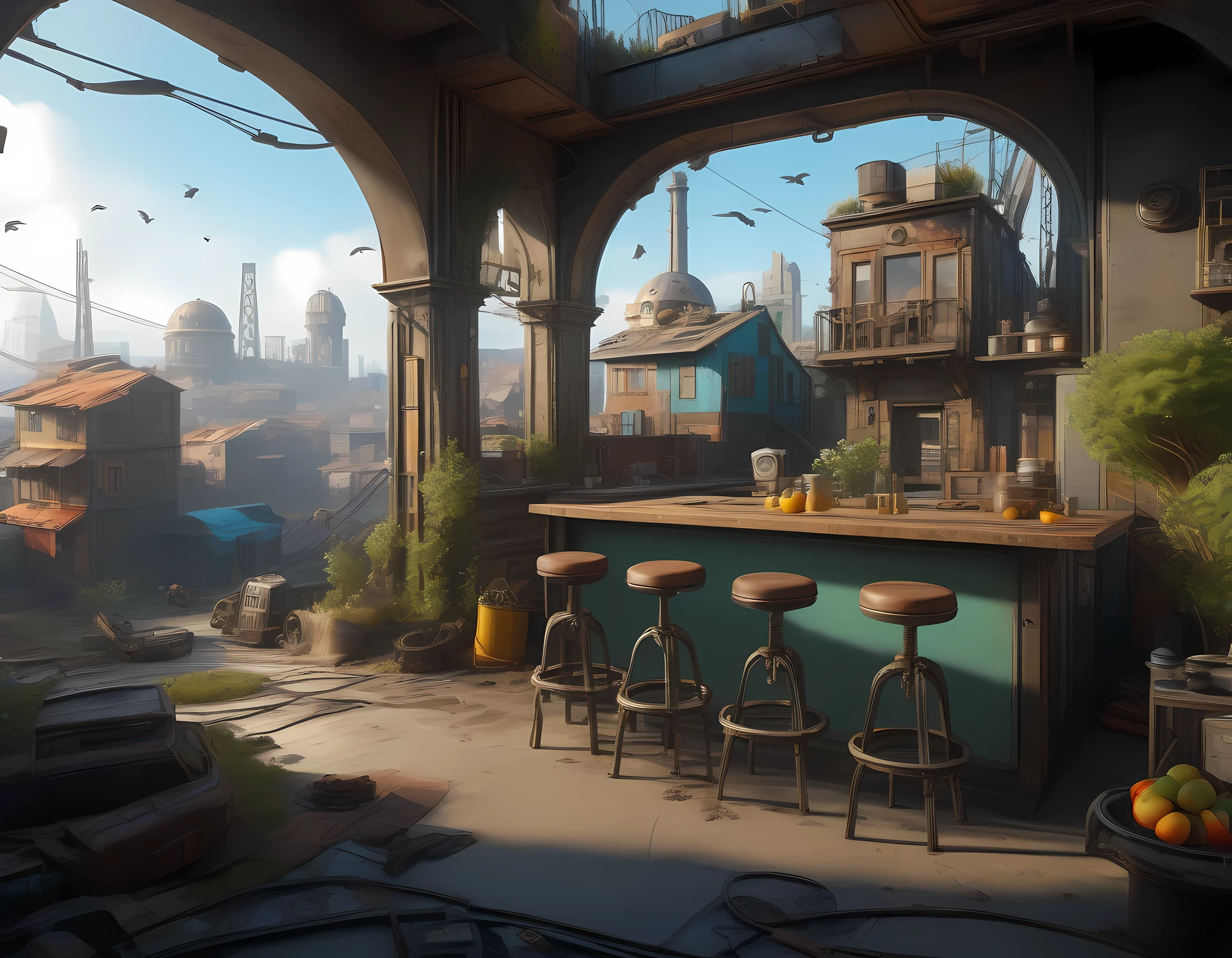 ((landscape)), bird's eye view, (((Post-apocalyptic fiction))), slum, port town, decadant, retro future, lost technology, science fiction, 32k, ((masterpiece, best quality, ultra-detailed, an extremely delicate and beautiful)), ((extremely detailed CG unity 8k wallpaper)), ((award winning, ccurate, UHD, textured skin, chromatic aberration, perfect anatomy, golden ratio)), (concept art), (exquisite attention to detail), ((perfect_composition, perfect_design, perfect_layout, perfect_detail, ultra_detailed)), ((aesthetic harmony))