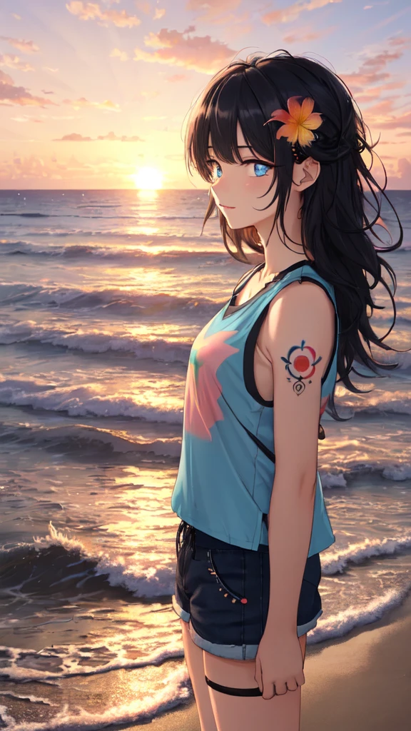 (masterpiece, best quality, ultra detailed, ultra high resolusion, highres,8k:1.4), BREAK,(from side:1.2), 20_years_old, 1giri standing-at-the-edge-of-the-waves,smile, beach, (looking away:1.7), (dark_skin:1.2),(tribal_tatoo:1.2),(wavy hairs),(messy hair),(asymmetry bangs),(multicolored hair),
Tsurime Eyes, (((blue eyes))), jitome,
((flower hair ornament)),(shortpants,tanktop:1.4), (sunset:1.3),