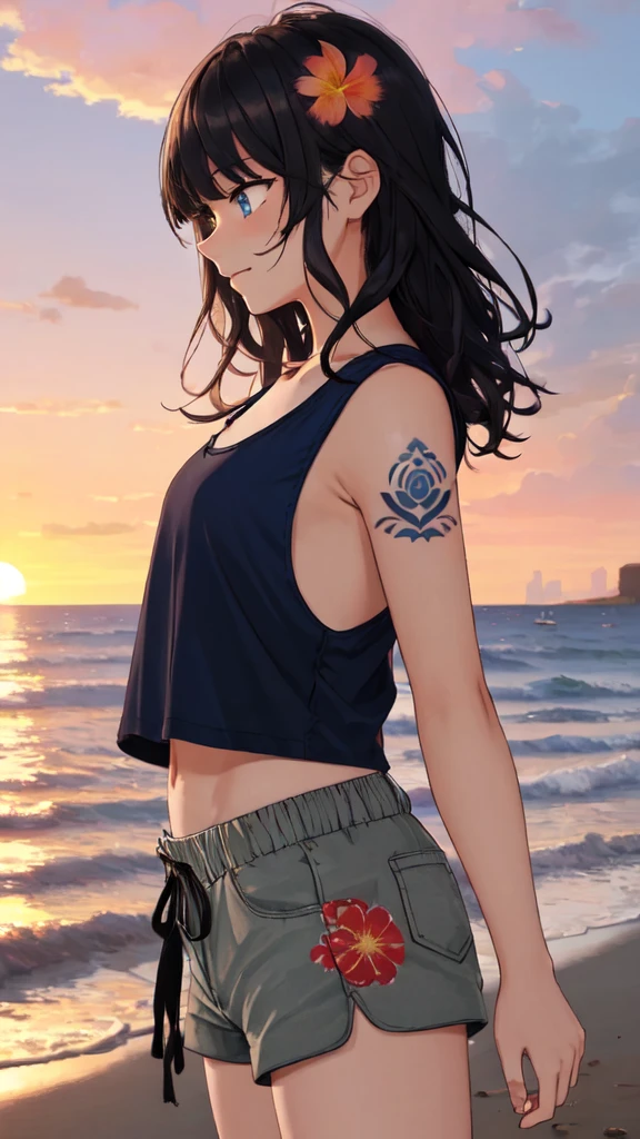 (masterpiece, best quality, ultra detailed, ultra high resolusion, highres,8k:1.4), BREAK,(from side:1.2), 20_years_old, 1giri standing-at-the-edge-of-the-waves,smile, beach, (looking away:1.7), (dark_skin:1.2),(tribal_tatoo:1.2),(wavy hairs),(messy hair),(asymmetry bangs),(multicolored hair),
Tsurime Eyes, (((blue eyes))), jitome,
((flower hair ornament)),(shortpants,tanktop:1.4), (sunset:1.3),