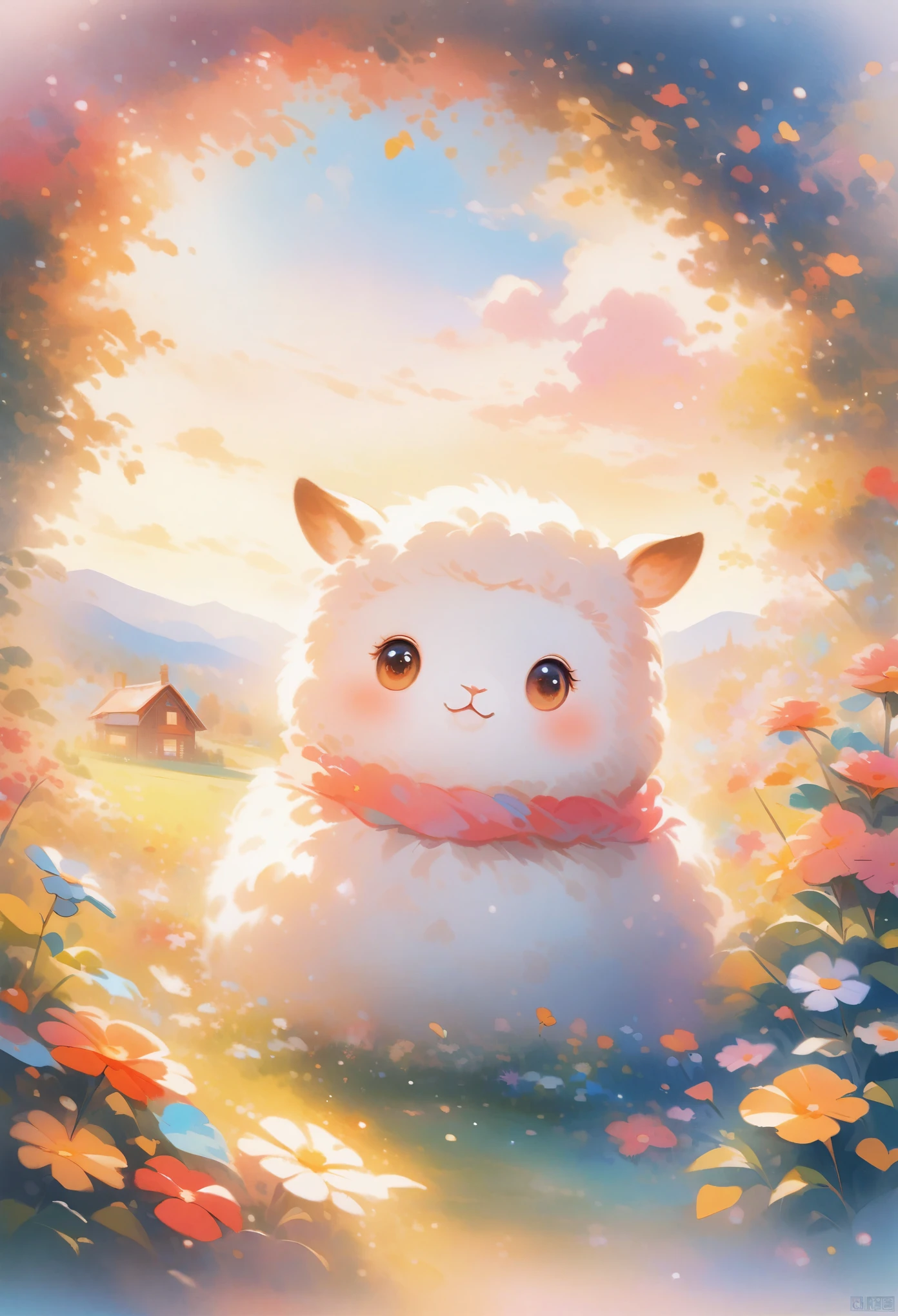 style, Vibrant colors, dreamy atmosphere, Layered composition, Intricate details, Warm rural background,(Brown Alpaca, Alpaca plush toy, Old Alpaca, Anthropomorphic alpacas, Fluffy,Solitary， big eyes,best quality,Super detailed,Reality), Soft texture, Comfortable atmosphere, peaceful garden background, Vibrant colors, Warm lighting