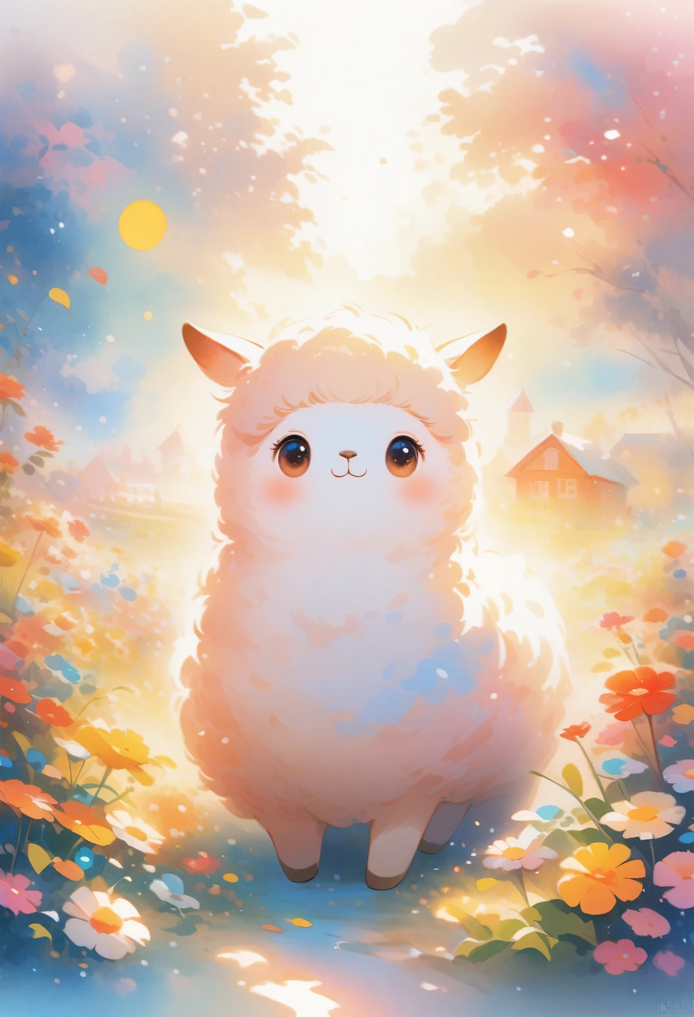 style, Vibrant colors, dreamy atmosphere, Layered composition, Intricate details, Warm rural background,(Brown Alpaca, Alpaca plush toy, Old Alpaca, Anthropomorphic alpacas, Fluffy,Solitary， big eyes,best quality,Super detailed,Reality), Soft texture, Comfortable atmosphere, peaceful garden background, Vibrant colors, Warm lighting