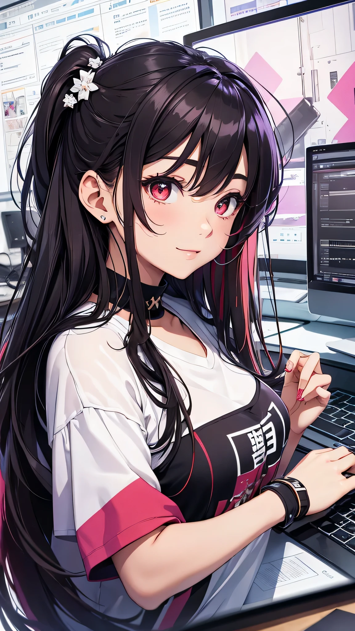 最high quality、Best image quality、masterpiece、girl((20-year-old、 By becoming、Best Bust、Medium Bust,Wide open breast tea、red glowing eyes, Black and red hair、Disheveled Hair、Long Hair、thin,The highest valley、Black open-neck short-sleeved shirt(1:2)、Open chest、White wristband、smile、Leaning forward、hair ornaments、have a laptop、Side angle、Lointail、Bubble gum)),high quality、Beautiful art、background((White computer room、Coffee cup、line of light、Whiteboard、graffiti))、Flight、Flying debris、Written boundary depth、movie、Visual Arts、Perfect art、8K,Genuine、