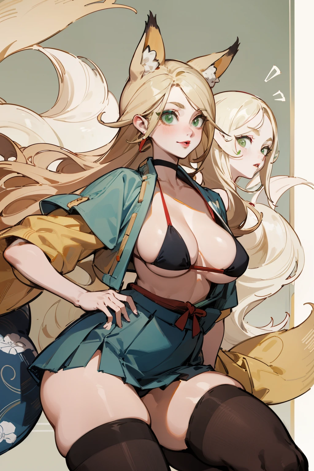 solitary, (Fox ears), Exquisite eyes, blond hair,Facial details, Green Eyes, Red Eyeshadow, lips are red, Fake laugh, Ukiyo-e, masterpiece, high quality, big breasts,Short skirt,Black tights,High heel,Exposing thighs,bikini