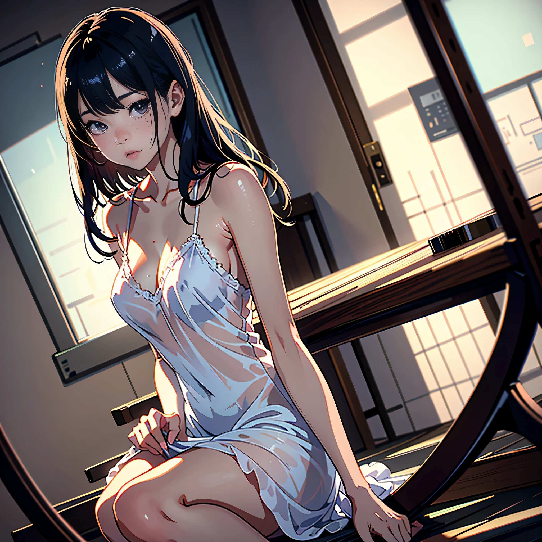 masterpiece, highest quality, (Highly detailed CG Unity 8k wallpaper), (highest quality), (Best illustrations), (Best Shadow), Confused, Realistic lighting, (abyss), Beautiful and delicate shine,Random Pause,((Silk camisole dress)),Cute freckles on the cheeks,Mole under left eye, Sunburn mark, Japanese Model,  Young sensual gravure idol, yasumoto oka, A real young gravure idol, 