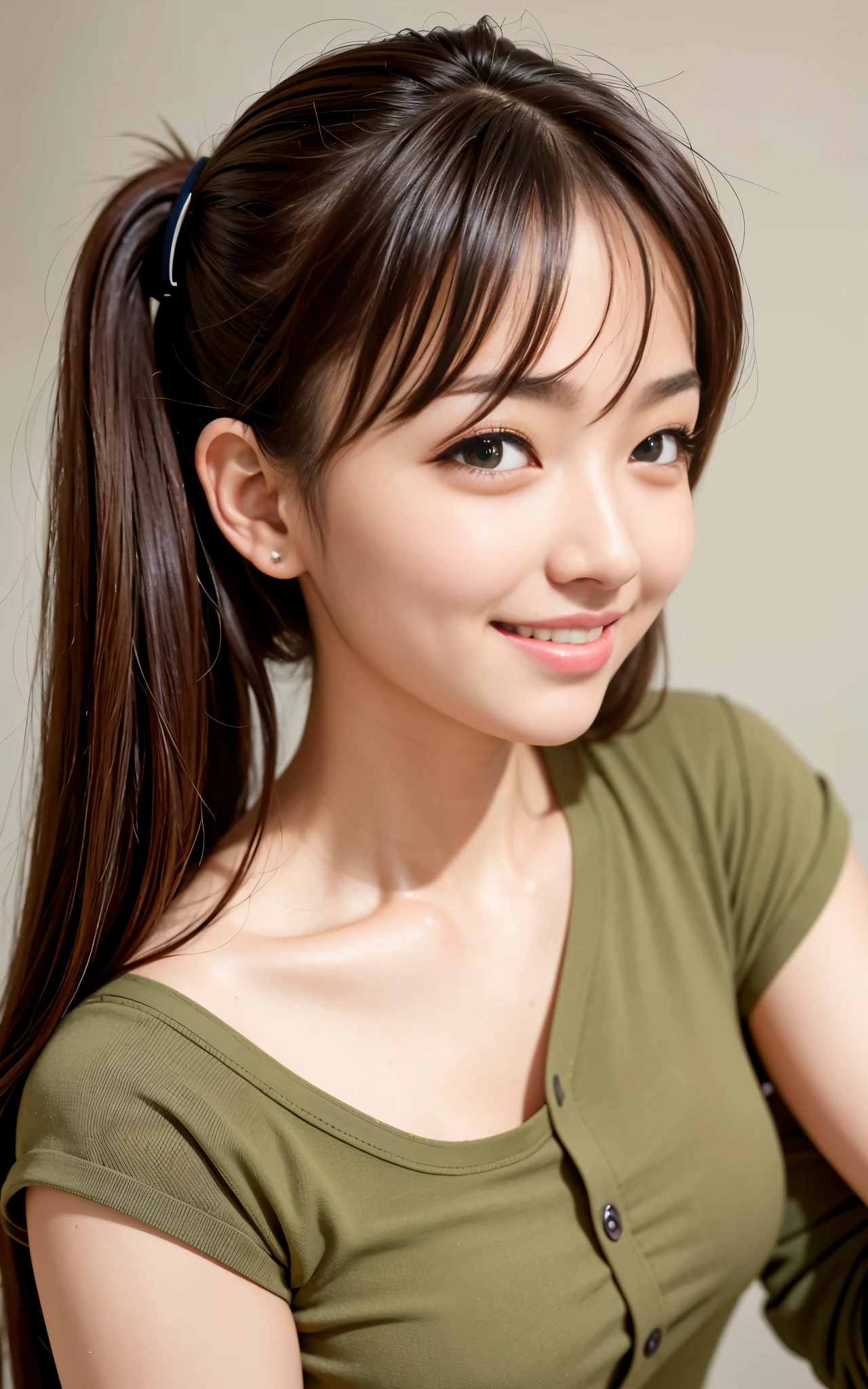 highest quality, figure, Ultra-detailed, finely, High resolution, 8K Wallpaper, 完璧なダイナミックな構figure, Beautiful Skin, (Big Eyes), 20 year old beautiful girl, Natural color lip, (Sexy pose), Mid chest, smile, Highly detailed face and skin texture, Detailed eyes, Double eyelid,leaking teeth and laughing, close-up, profile, Brown hair twin tails, (Khaki shirt:1.2), indoor