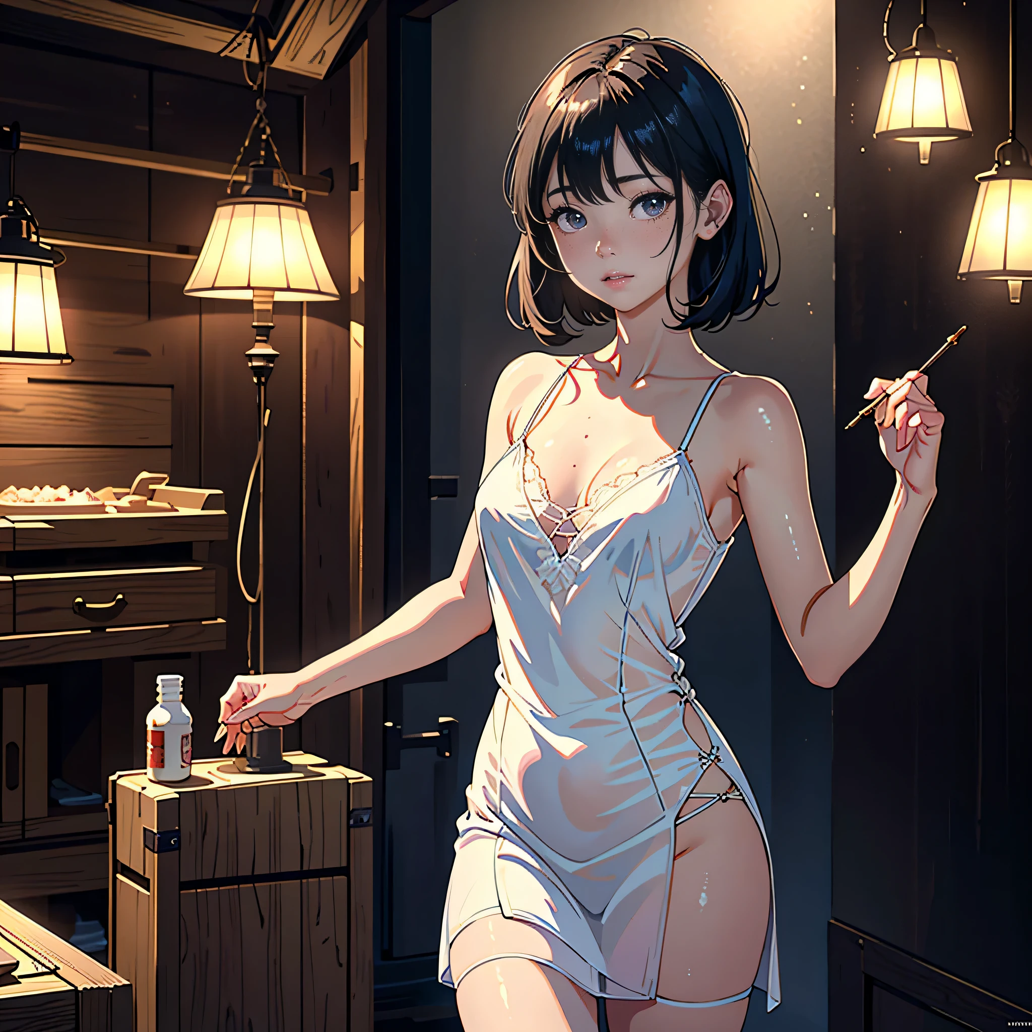 masterpiece, highest quality, (Highly detailed CG Unity 8k wallpaper), (highest quality), (Best illustrations), (Best Shadow), Confused, Realistic lighting, (abyss), Beautiful and delicate shine,Random Pause,((Camisole dress)),Cute freckles on the cheeks,Mole under left eye, Sunburn mark, Japanese Model,  Young sensual gravure idol, yasumoto oka, A real young gravure idol, 