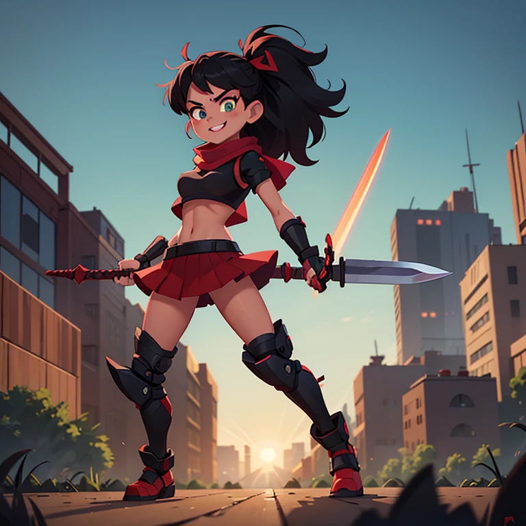 1girl, spiky hair, black hair, Red hair ribbon, Sharp eyes, green eyes, puckers lips, smile, dark skin, Black crop top, Dark red miniskirt, techno filter, wielding a sword, epic, volumetric lighting, in combat with robots, dynamic pose, red scarf, dynamic camera, sprinting,