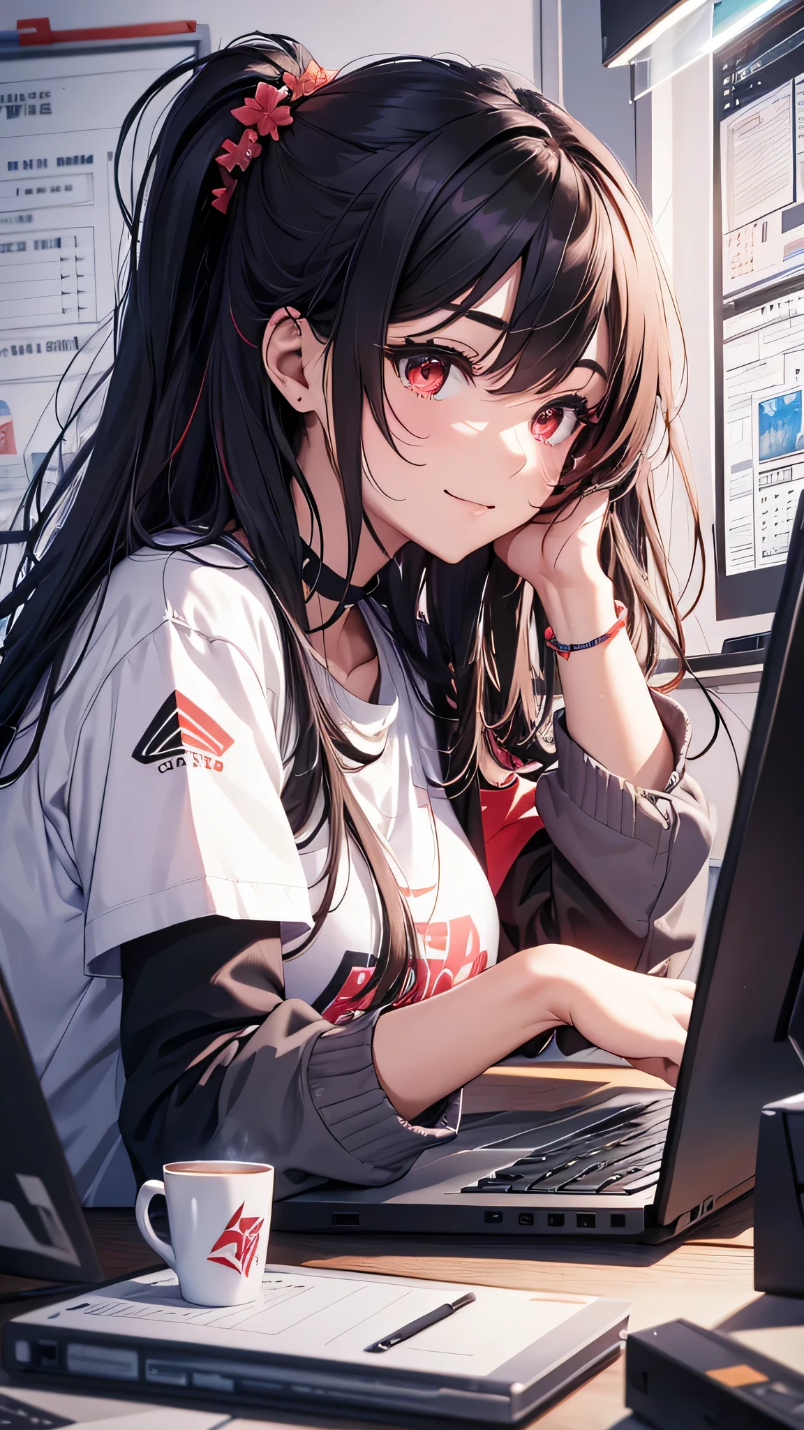 最high quality、Best image quality、masterpiece、girl((20-year-old、 By becoming、Best Bust、Medium Bust,Wide open breast tea、red glowing eyes, Black and red hair、Disheveled Hair、Long Hair、thin,The highest valley、Long white T-shirt、Open chest、White wristband、smile、Leaning forward、hair ornaments、have a laptop、Side angle、Lointail、Bubble gum)),high quality、Beautiful art、background((White computer room、Coffee cup、line of light、Whiteboard、graffiti))、Flight、Flying debris、Written boundary depth、movie、Visual Arts、Perfect art、8K,Genuine、