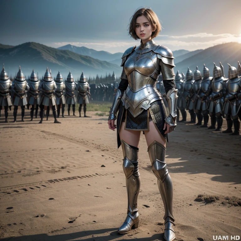 Pretty girl, tall girl, short hair, army of king, masterpiece, UHD, super detailed, super realistic. (((full body view))). Women knight. Great design costum.