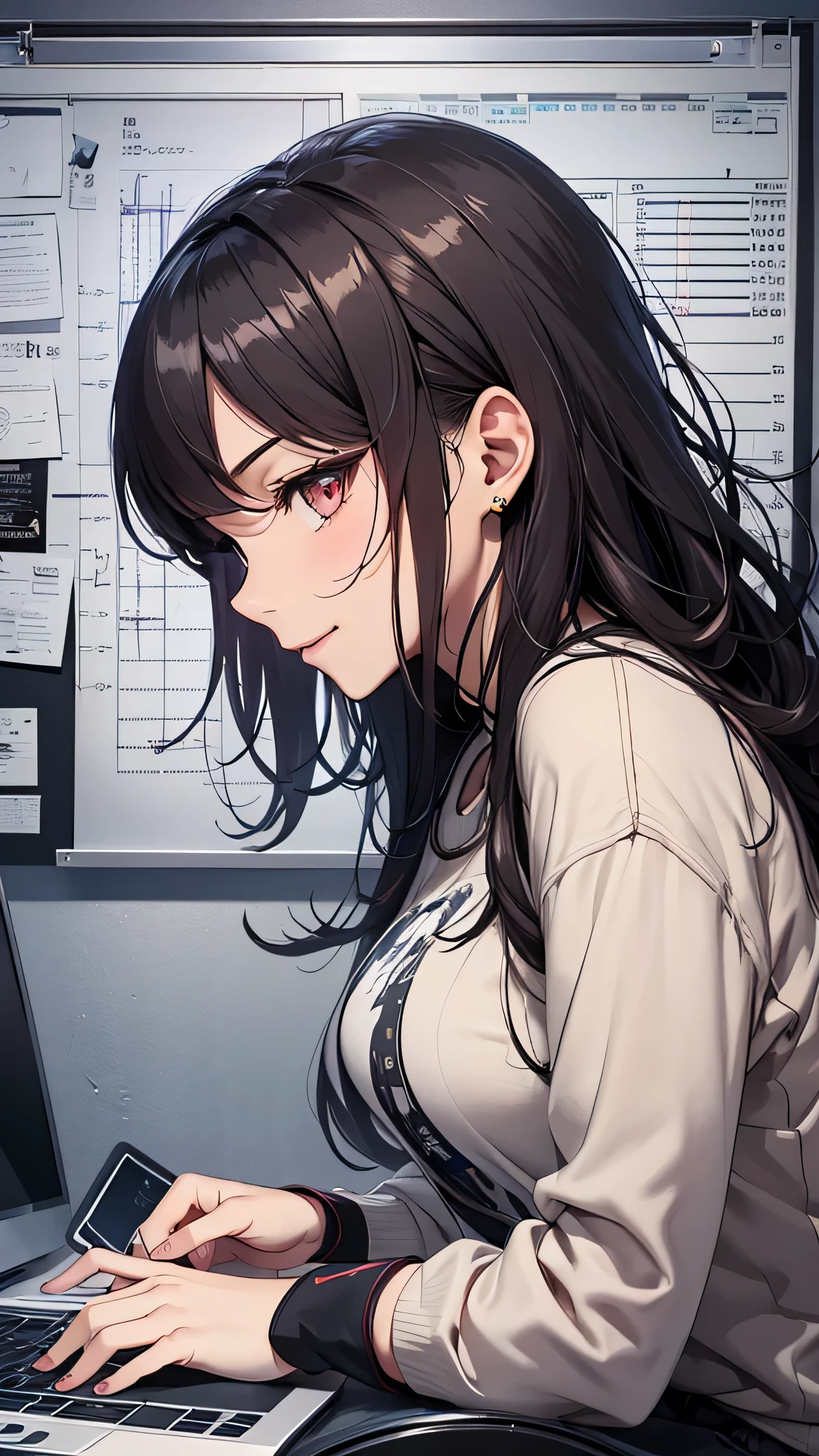 最high quality、Best image quality、masterpiece、girl((20-year-old、 By becoming、Best Bust、Medium Bust,Wide open breast tea、red glowing eyes, Black and red hair、Disheveled Hair、Long Hair、thin,The highest valley、Long white T-shirt、Open chest、White wristband、smile、Leaning forward、hair ornaments、have a laptop、Side angle、Lointail、Bubble gum)),high quality、Beautiful art、background((White computer room、Coffee cup、line of light、Whiteboard、graffiti))、Flight、Flying debris、Written boundary depth、movie、Visual Arts、Perfect art、8K,Genuine、