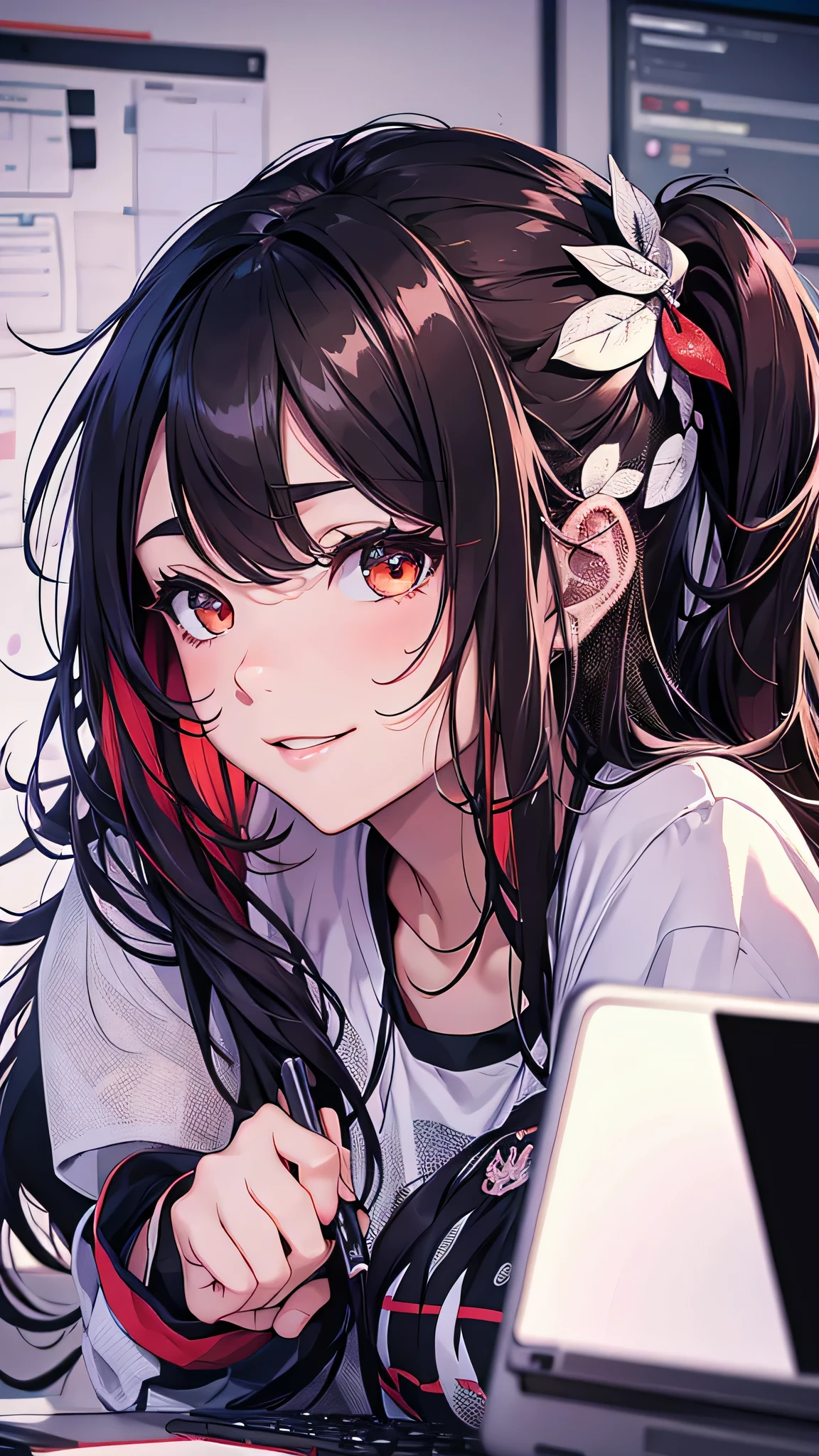 最high quality、Best image quality、masterpiece、girl((20-year-old、 By becoming、Best Bust、Medium Bust,Wide open breast tea、red glowing eyes, Black and red hair、Disheveled Hair、Long Hair、thin,The highest valley、Long white T-shirt、Open chest、White wristband、smile、Leaning forward、hair ornaments、have a laptop、Side angle、Lointail、Bubble gum)),high quality、Beautiful art、background((White computer room、Coffee cup、line of light、Whiteboard、graffiti))、Flight、Flying debris、Written boundary depth、movie、Visual Arts、Perfect art、8K,Genuine、