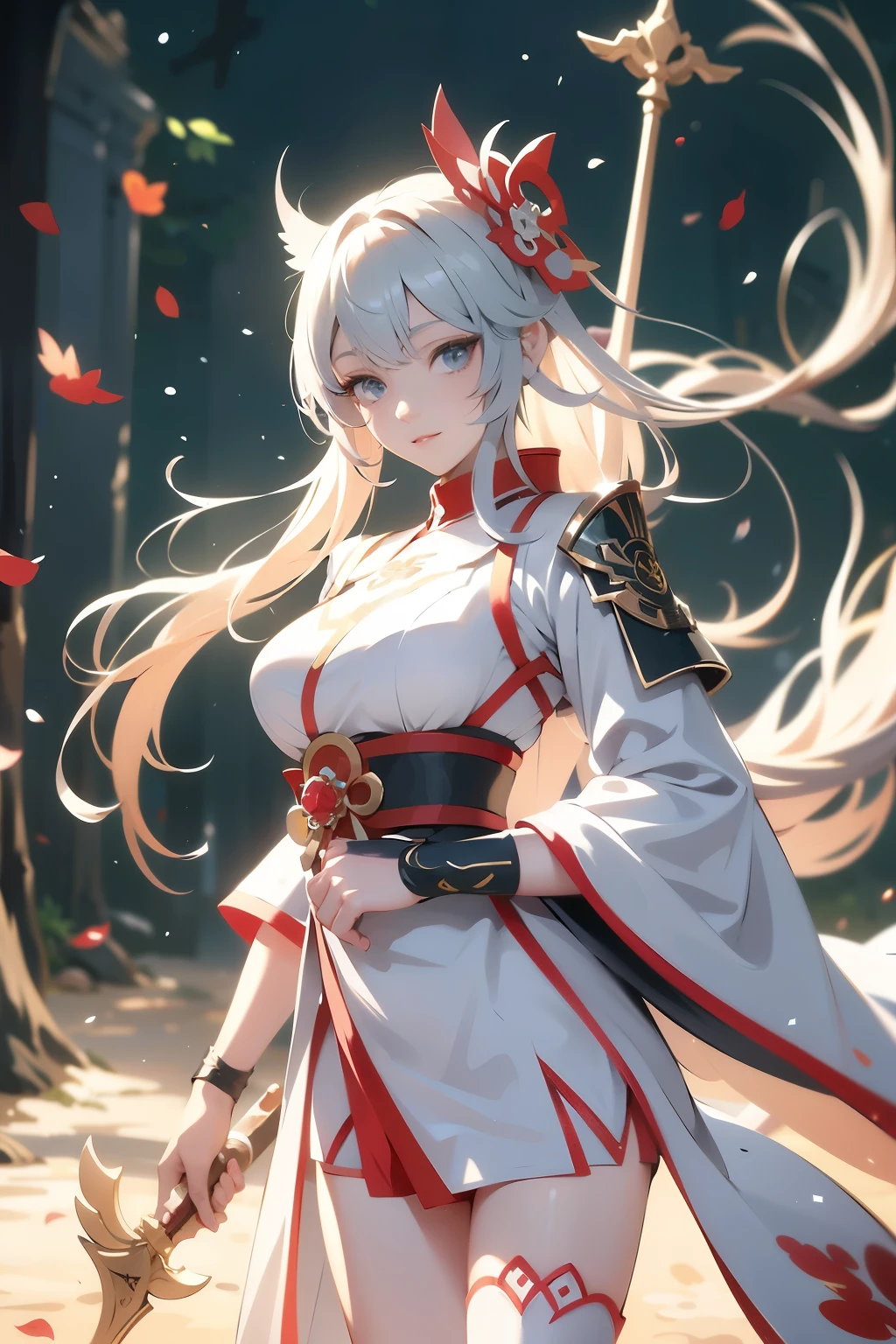 a woman in a white and red outfit holding a sword, detailed anime character art, female anime character, white haired deity, anime character art, onmyoji, ayaka genshin impact, holding a sword on her shoulder, onmyoji detailed art, keqing from genshin impact, onmyoji portrait, from arknights, detailed digital anime art, power instance,